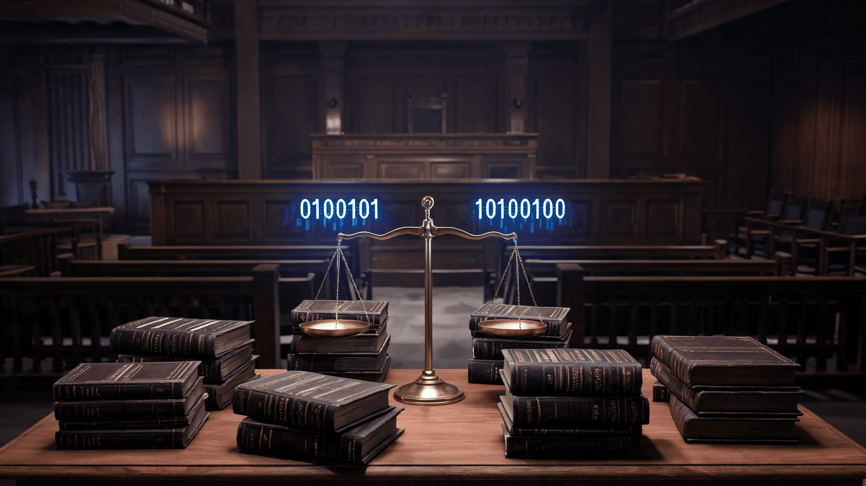 A courtroom background with stacks of books in the foreground, legal scales with a digital binary co
