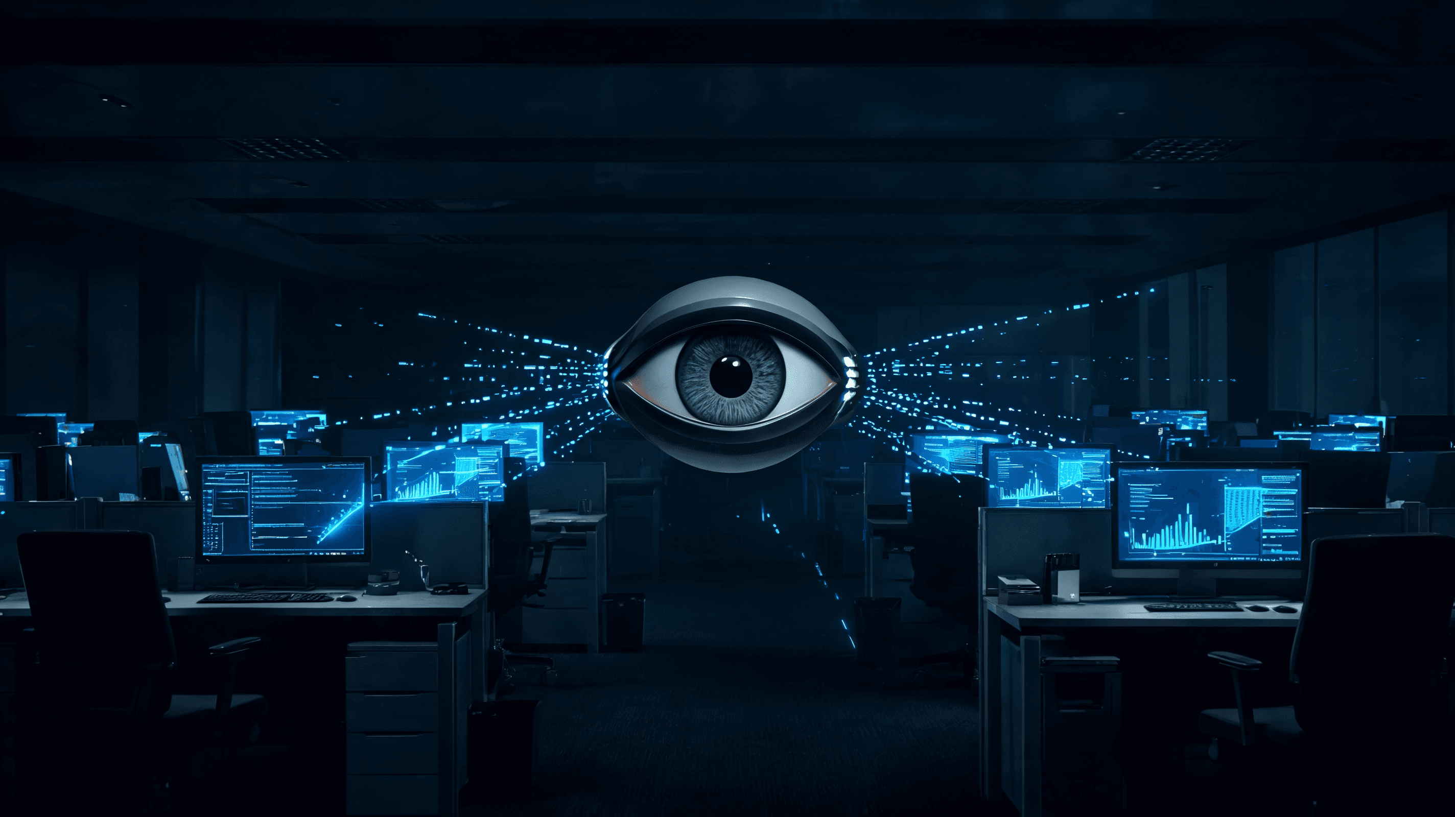 A shadowy office setting, glowing screens projecting data points toward an eye-shaped camera lens, t