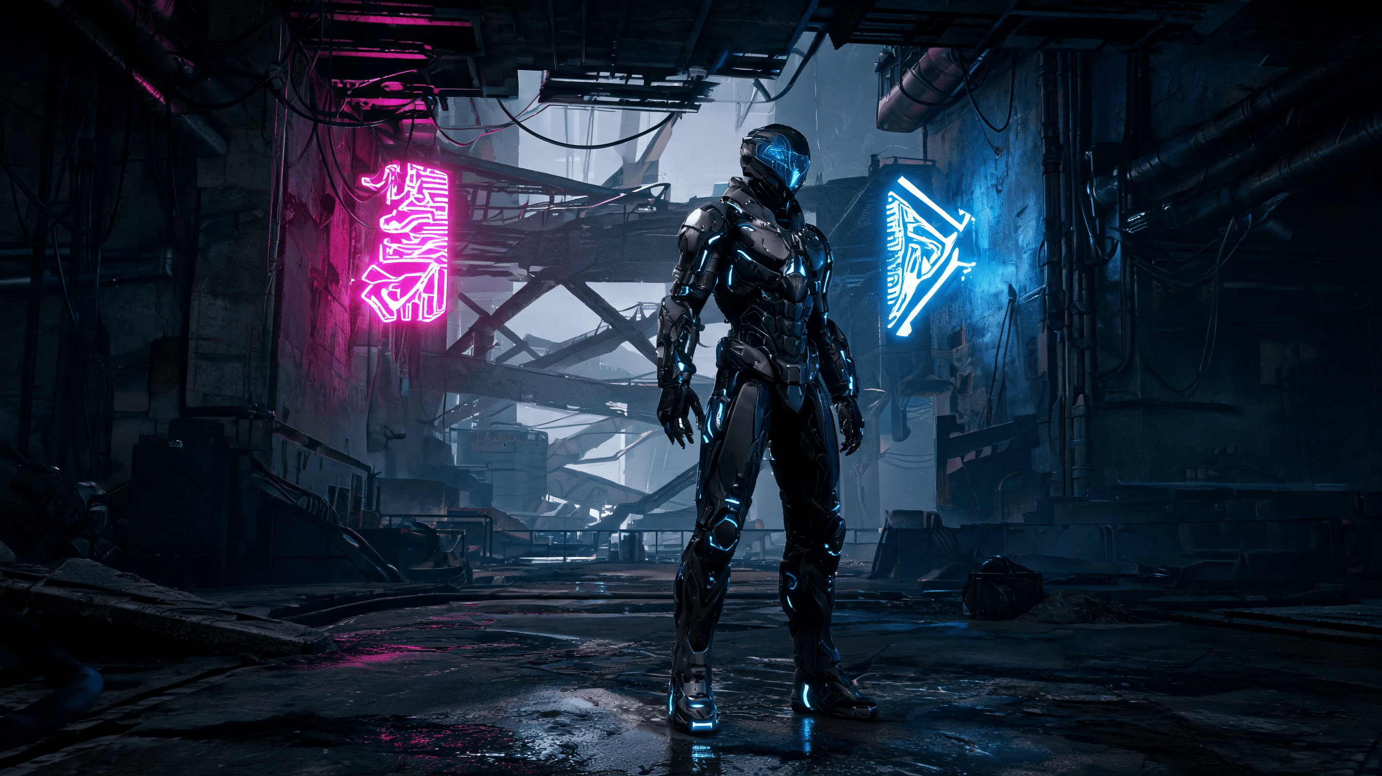 A high-concept, gritty sci-fi digital environment showing a futuristic player character in a high-te
