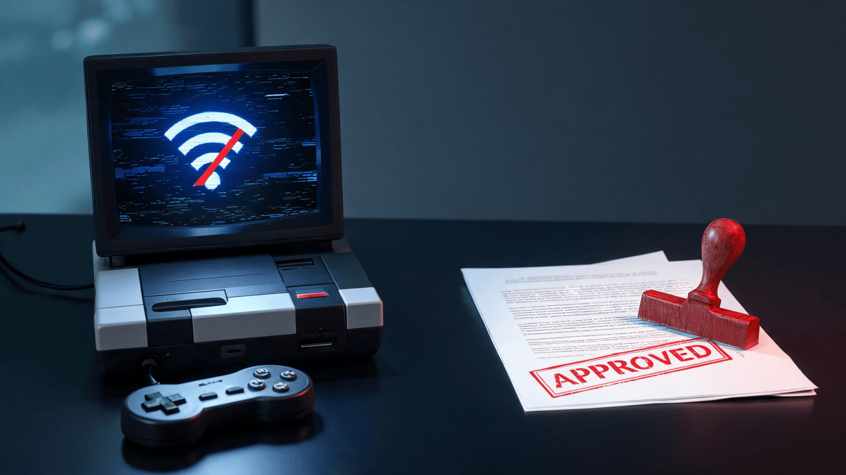 A digital illustration of a retro game console with a 'server offline' notification screen, contrast