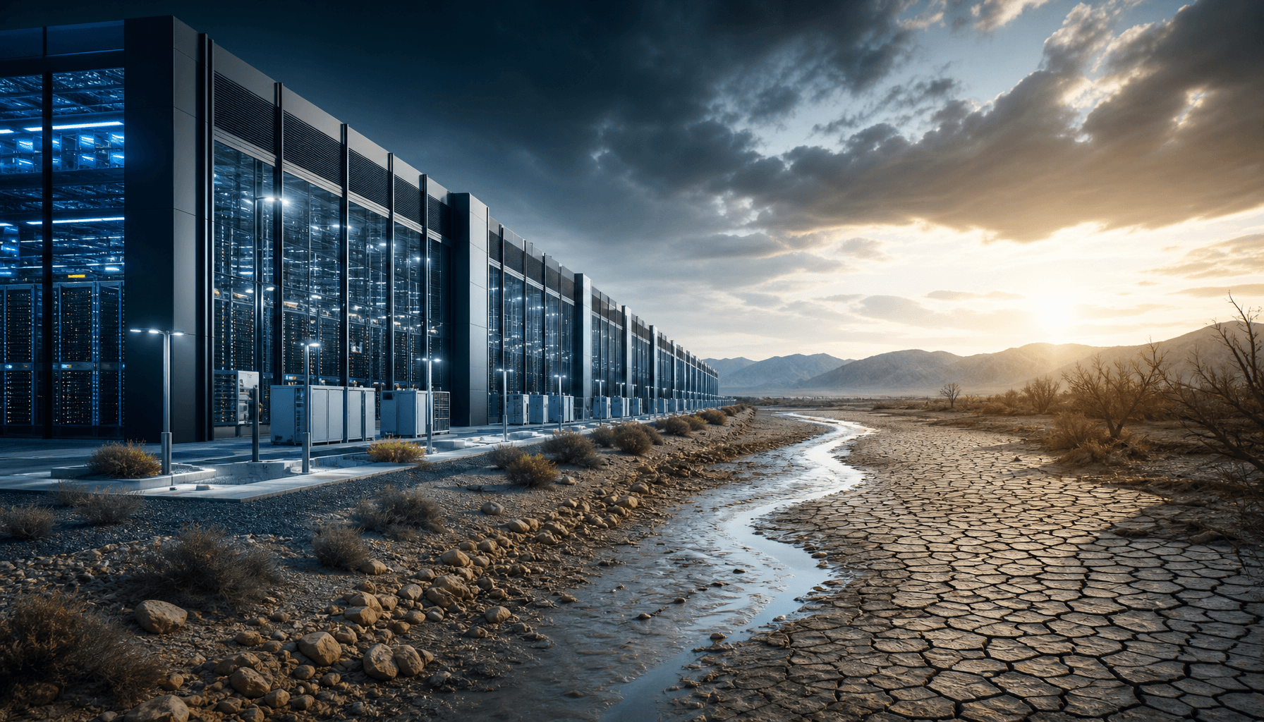 A sprawling modern data center architecture next to a drying riverbed, split composition showing hig