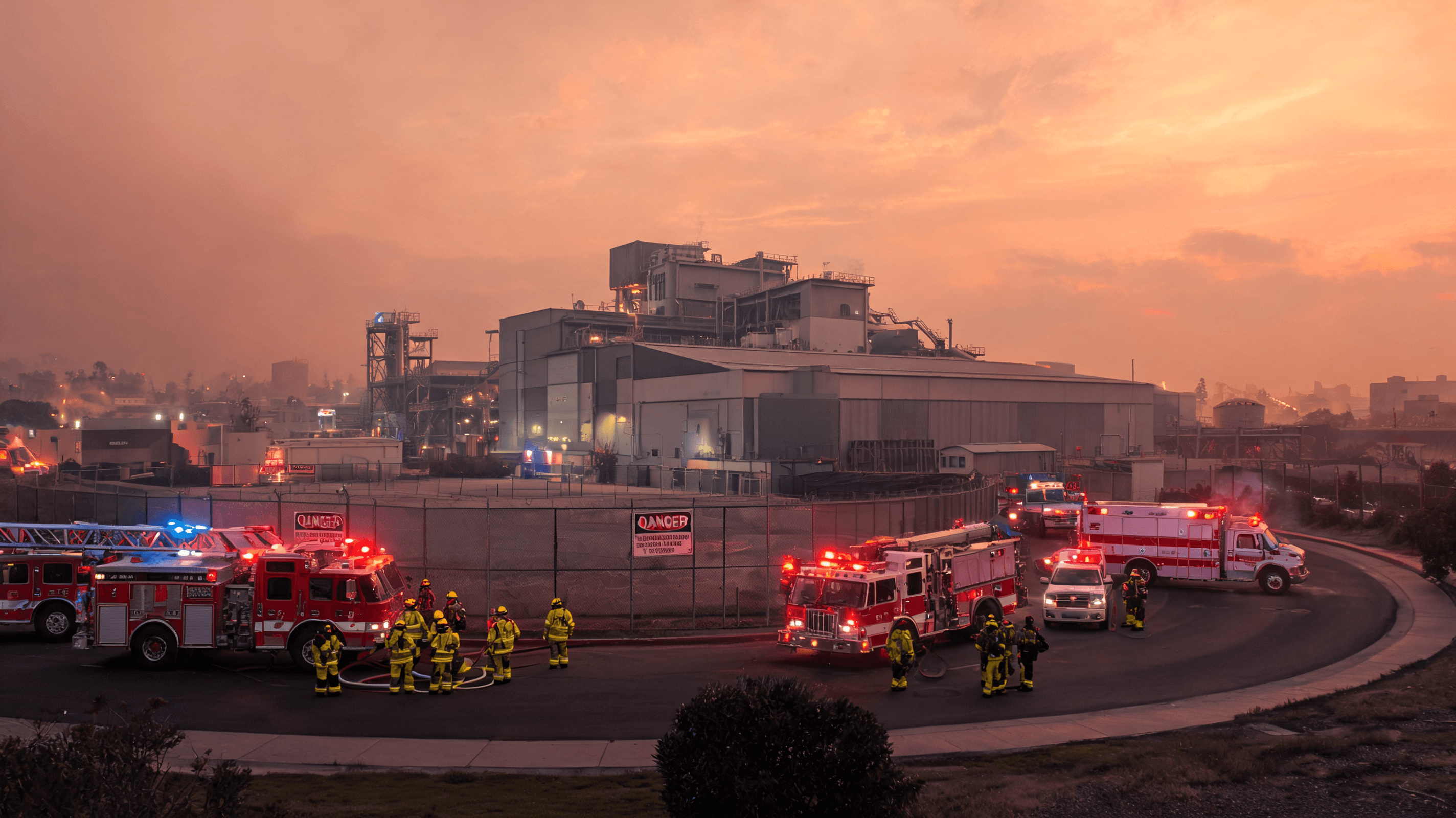 Emergency response vehicles and fire crews surrounding a large industrial manufacturing facility in