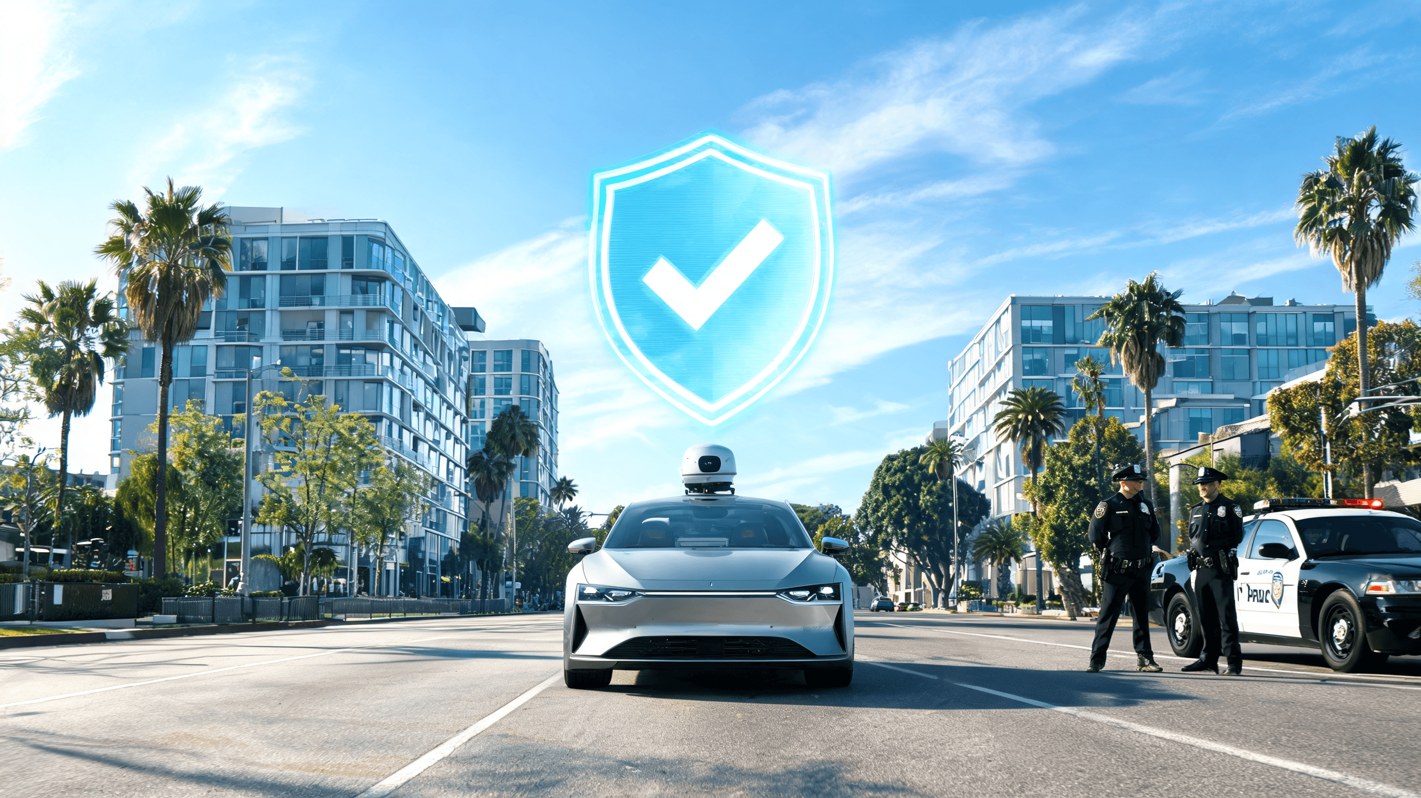 A modern, high-tech autonomous vehicle driving through a sunny California urban street, with a digit