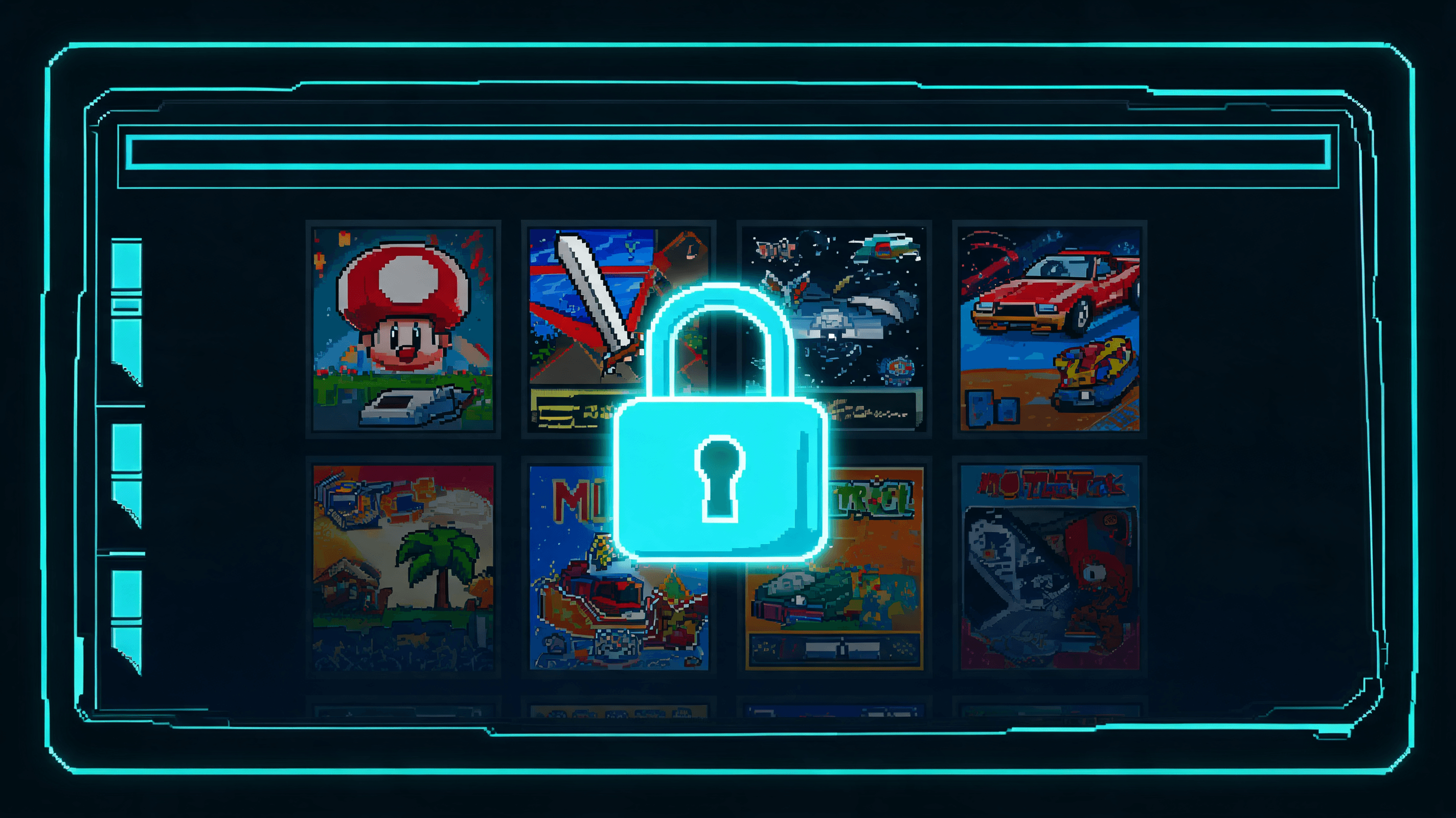 A retro-futuristic digital interface showing a game preservation archive, with a lock icon represent