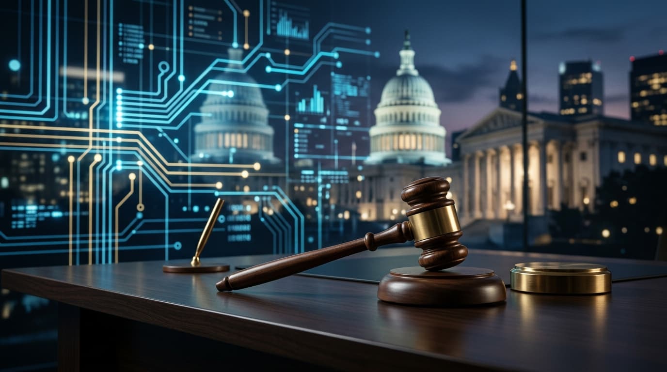 A modern, professional legal gavel resting on a desk, with a background consisting of digital circui