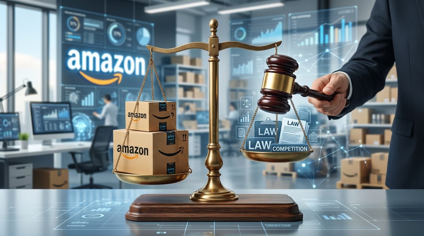 A conceptual image of scales of justice in an e-commerce context, featuring a gavel weighing Amazon