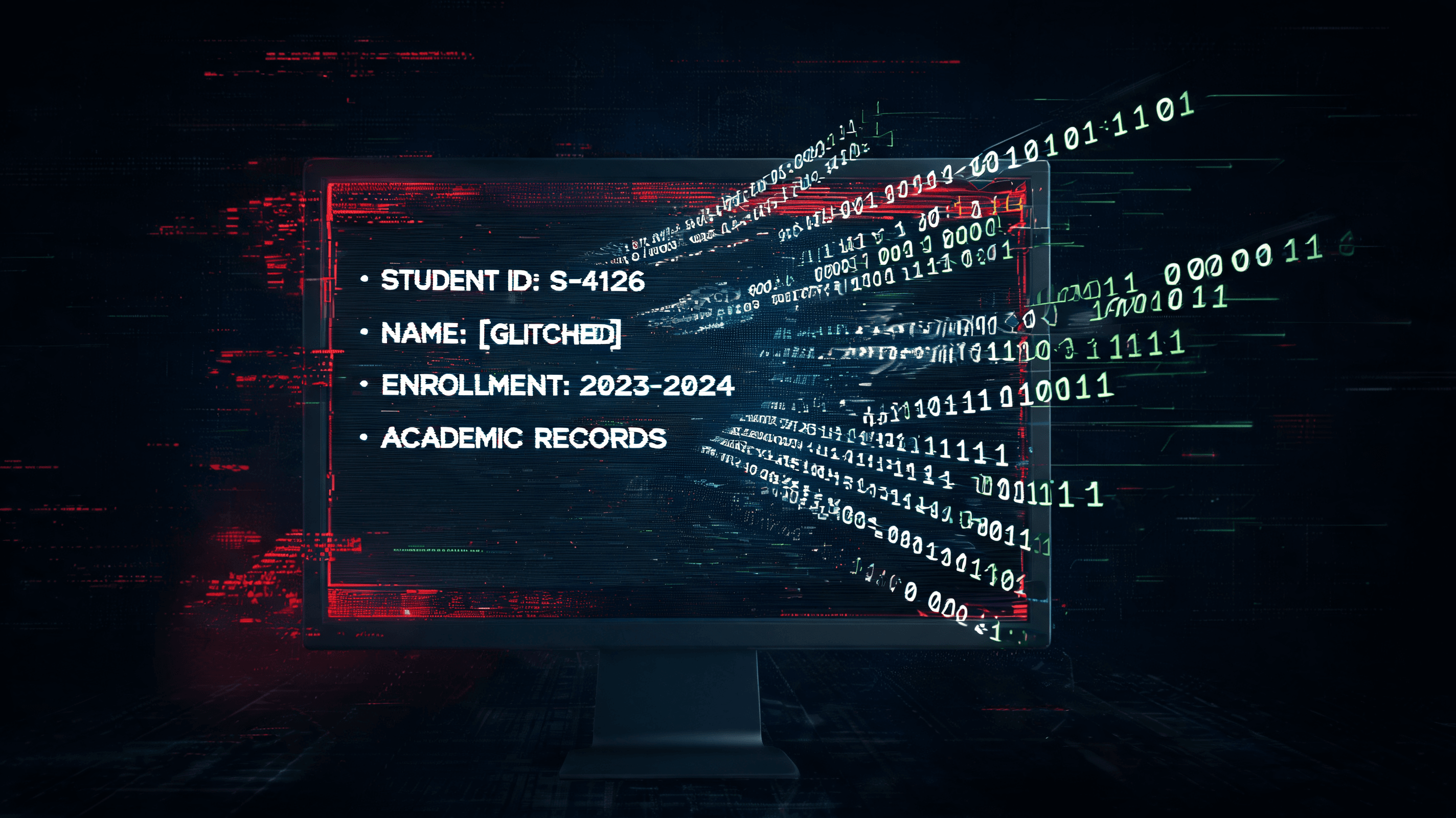 An abstract, dark cyber-security concept, a glitchy digital screen showing student records being pul