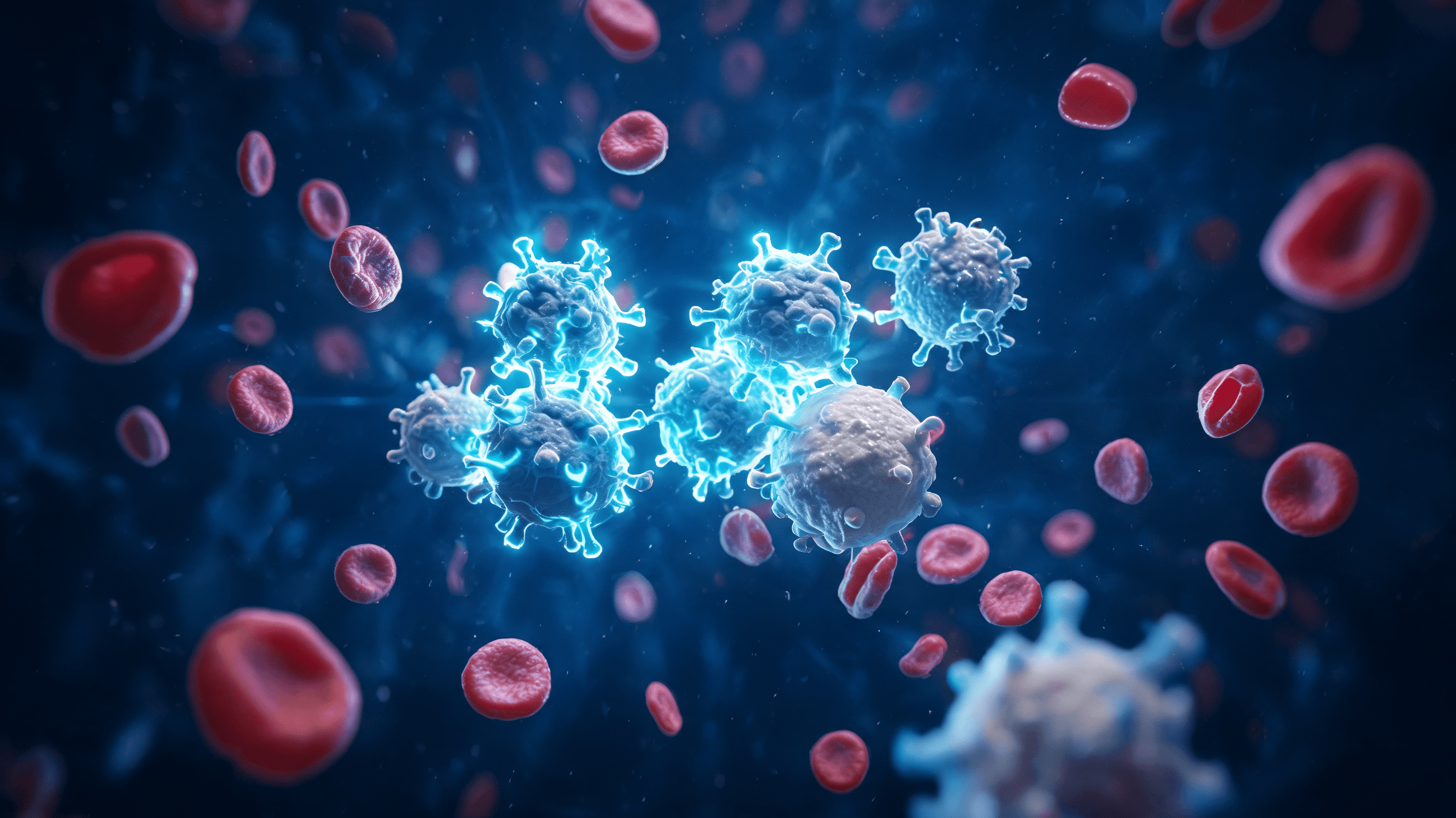 A microscopic visualization of stylized T-cells targeting and interacting with B-cells in a human bl