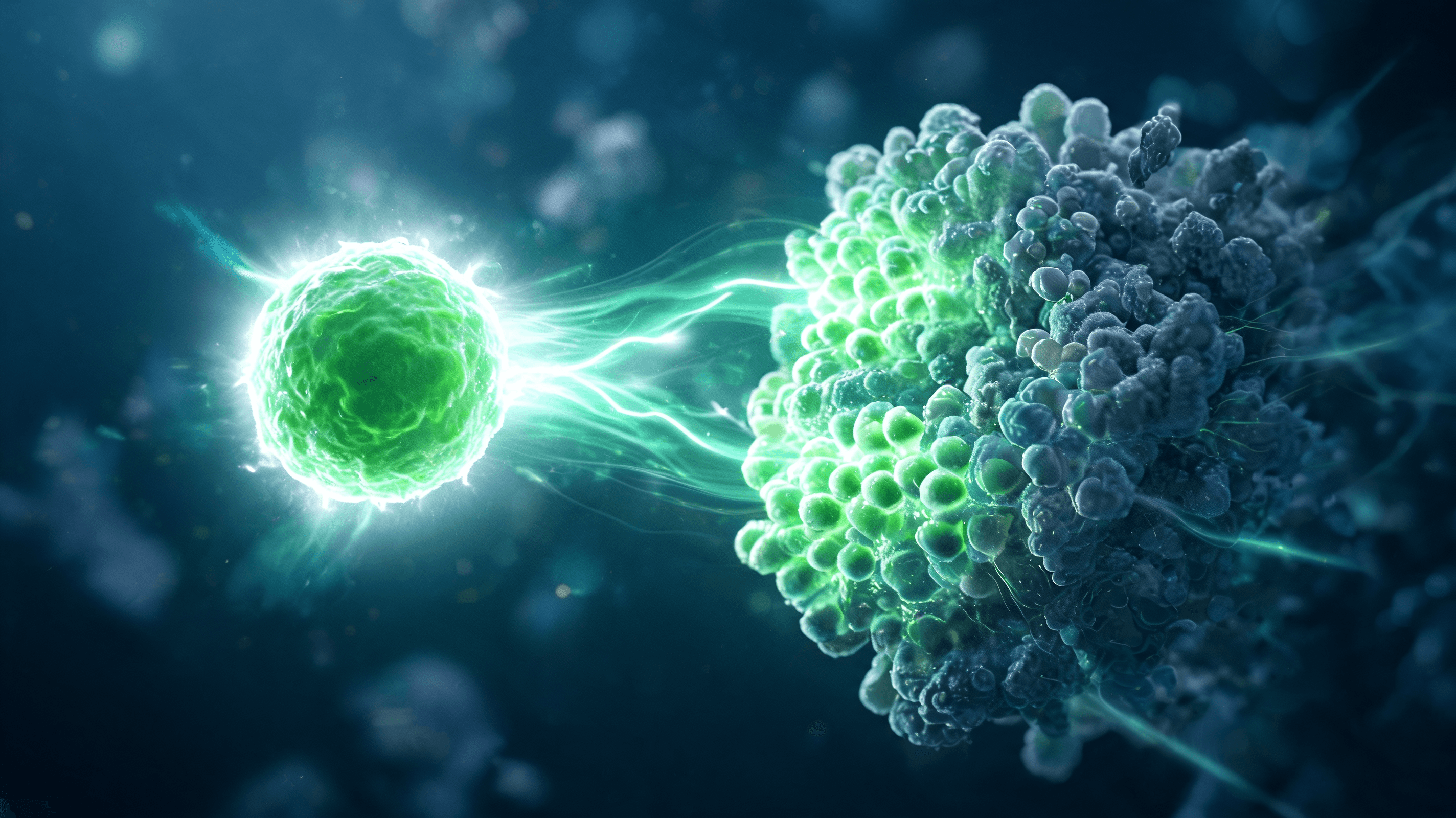 An artistic, scientific rendering of a vibrant, healthy immune system cell resetting and balancing a