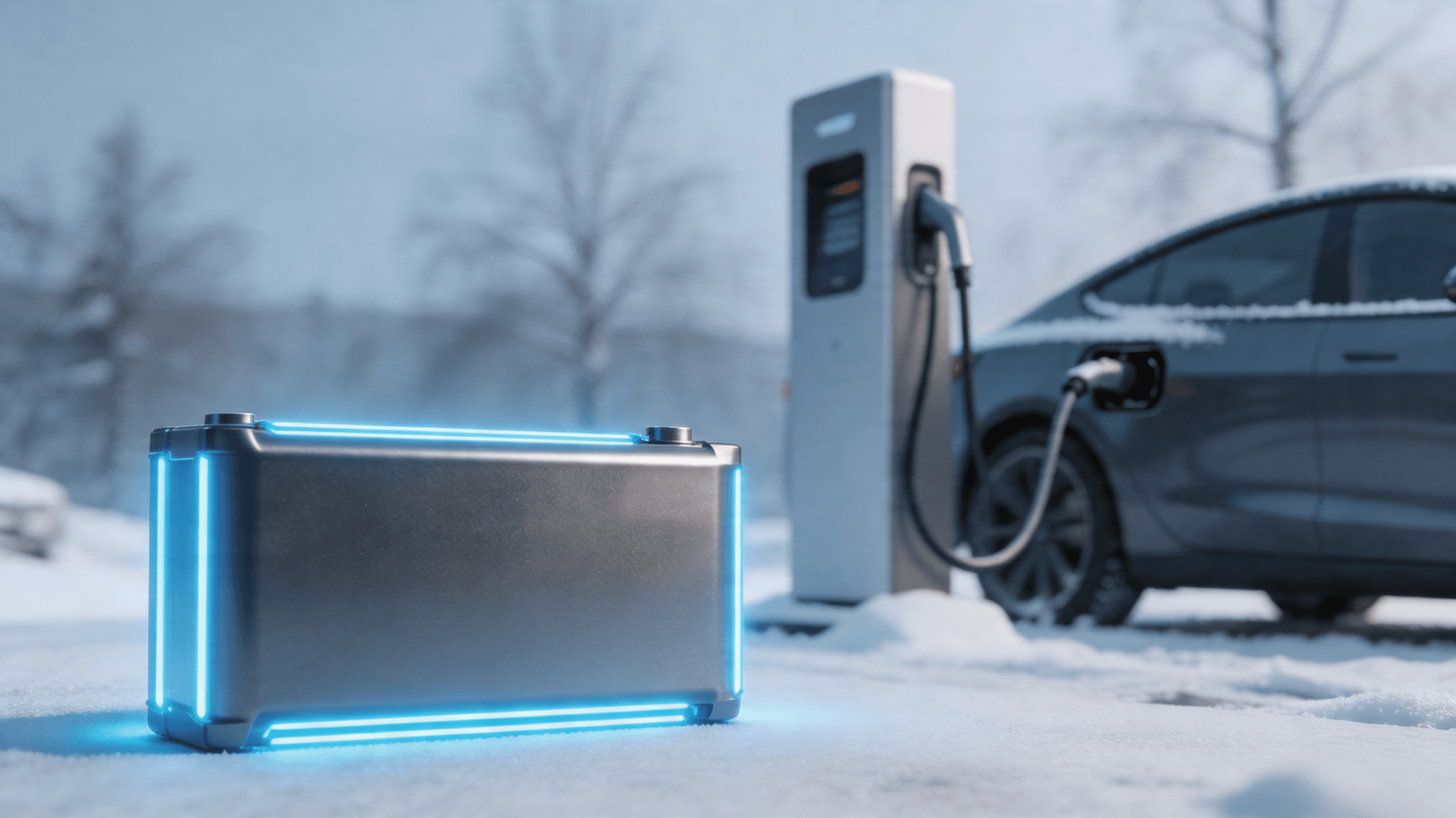 A close-up, high-tech studio shot of a futuristic battery cell with blue energy glowing from the edg