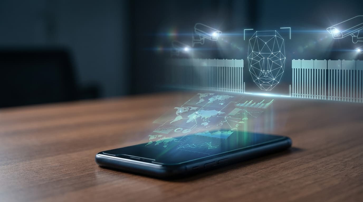 A dark, atmospheric scene of a smartphone on a table, with glowing translucent maps and data streams
