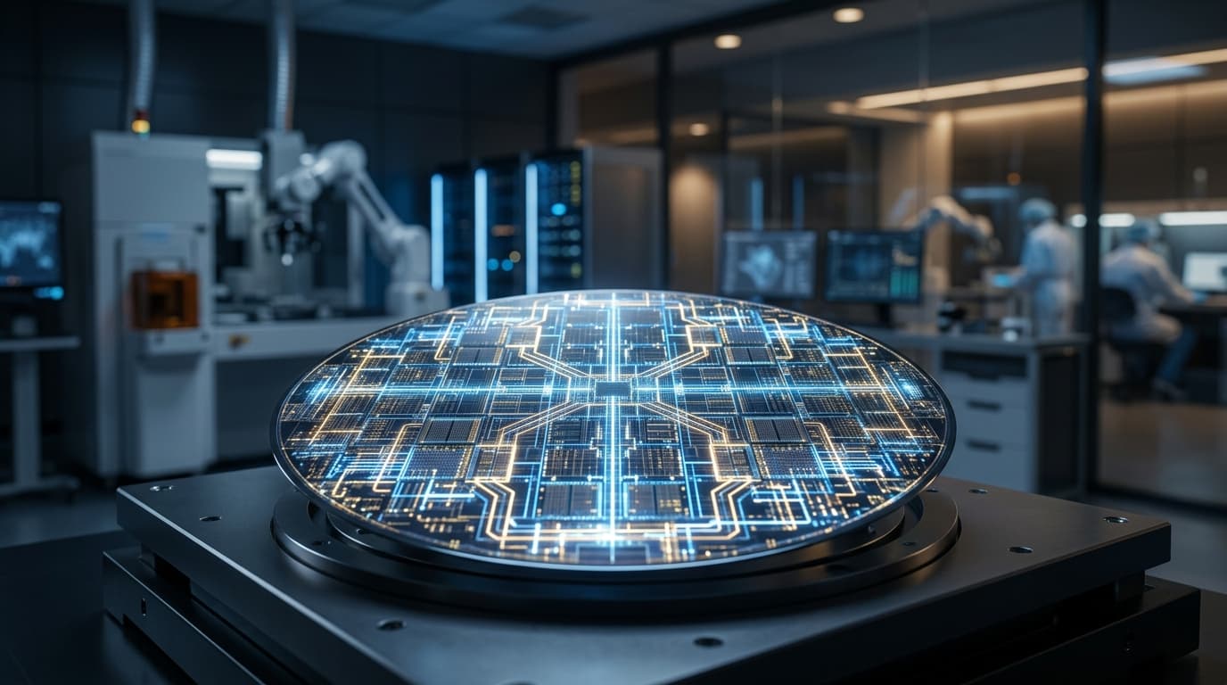 A close-up of a complex, futuristic high-performance AI chip wafer, glowing light lines, silicon val