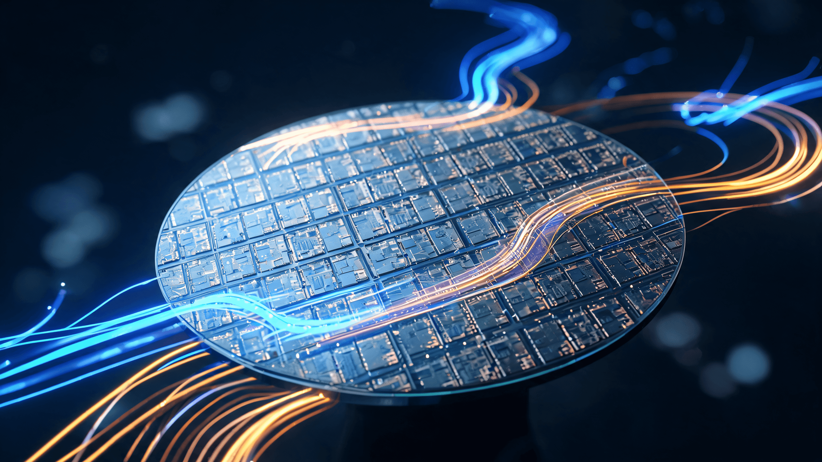A close-up shot of a massive, sophisticated silicon wafer chip lit with blue and gold neon light tra
