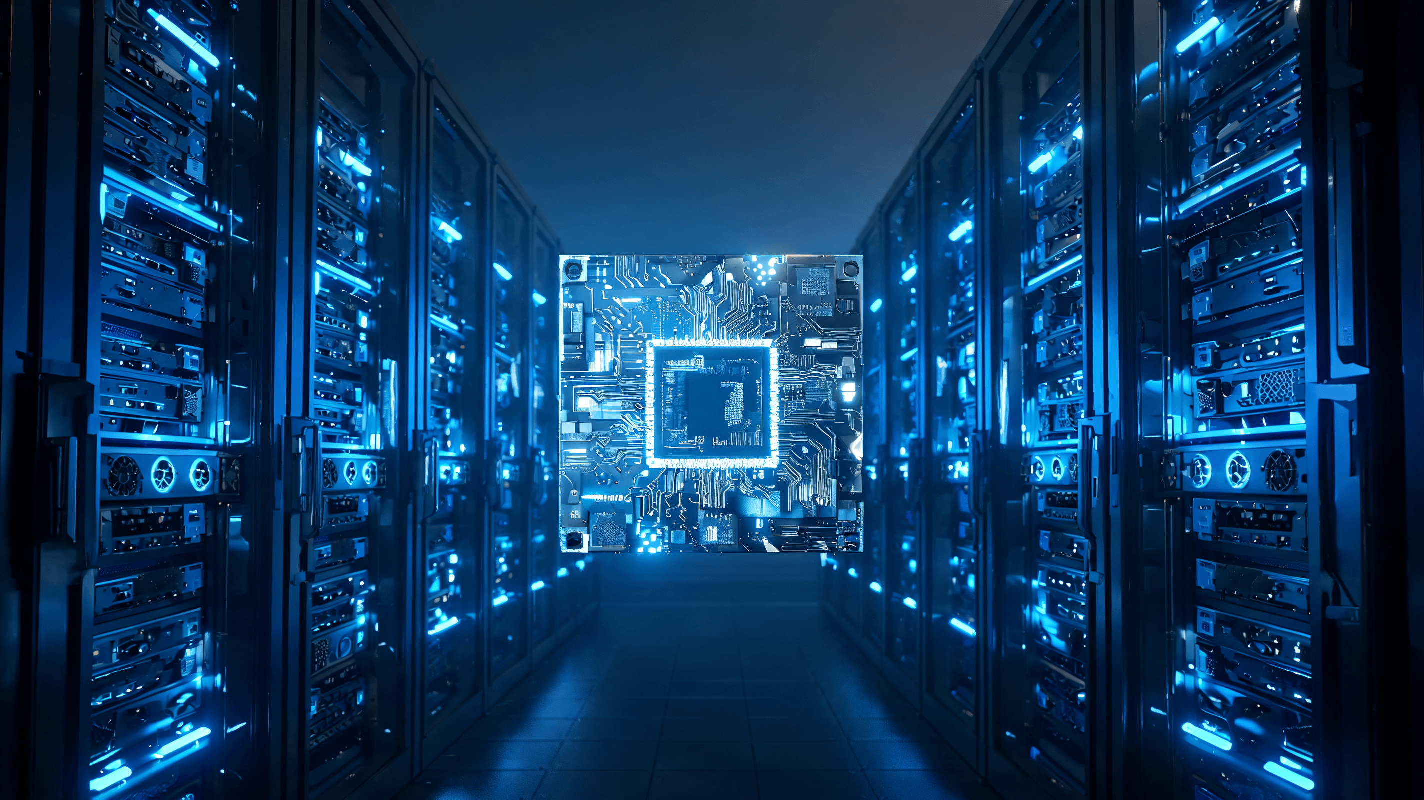 A modern, high-tech server room with advanced blue light cooling systems, featuring a close-up of a