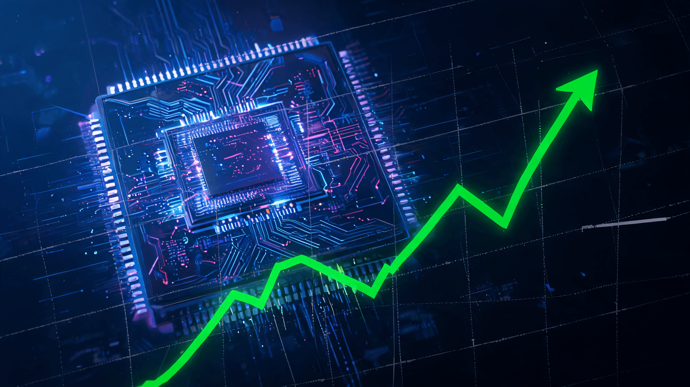 A modern, professional financial chart showing a skyrocketing stock market graph with a stylized, fu