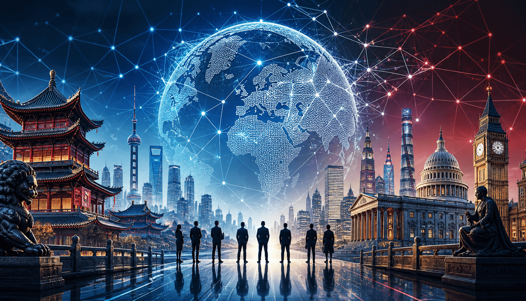 A digital representation of global connectivity with a blend of Eastern and Western architectural st