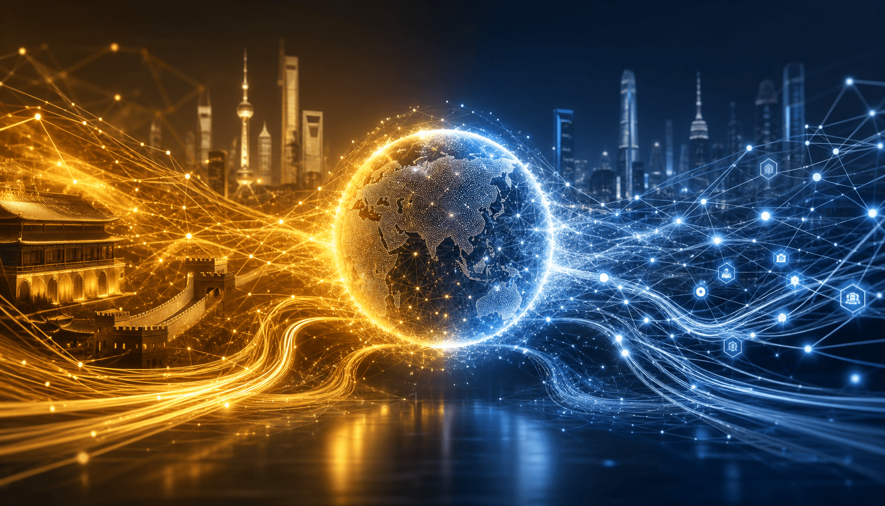 A modern, high-tech conceptual art piece showing two different digital networks merging. One side is