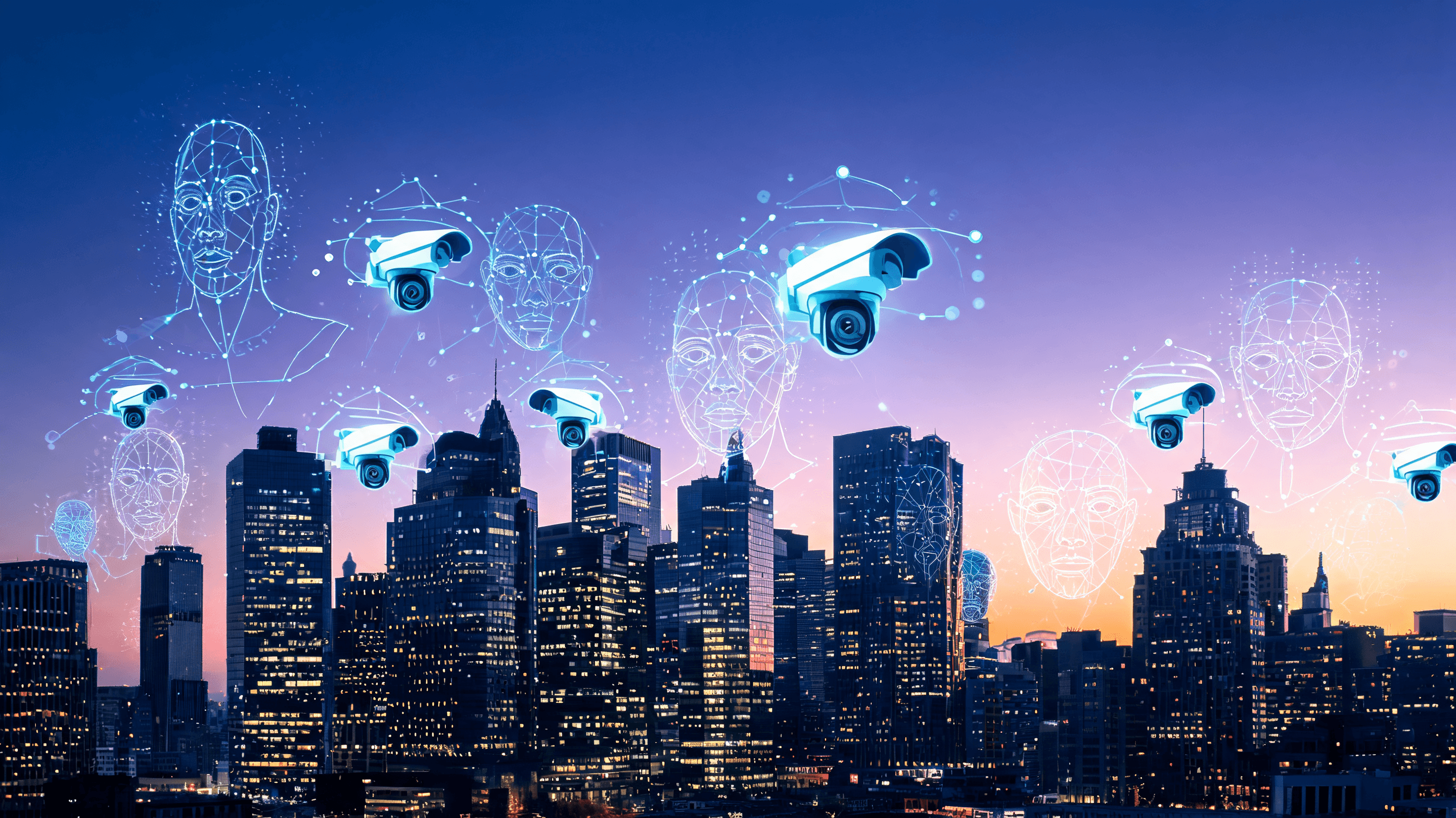 A stark, conceptual image of a city skyline at dusk with glowing camera icons and digital facial ana