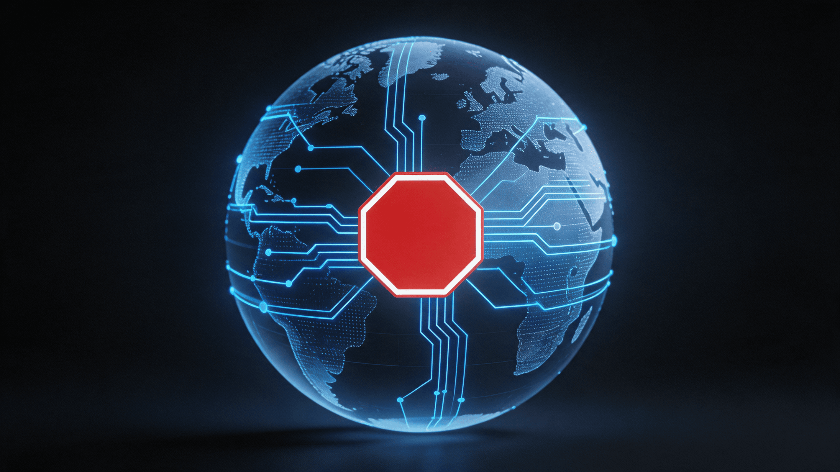 A conceptual image of a massive globe with digital circuitry lines, featuring a red stop-sign icon o