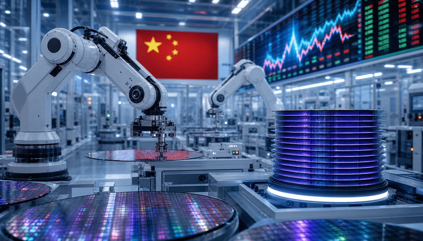A futuristic semiconductor manufacturing facility in China, with cleanroom robots, glowing silicon w
