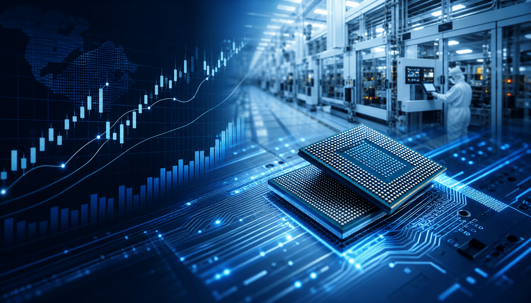 A high-tech semiconductor manufacturing facility with glowing blue circuits, abstract representation