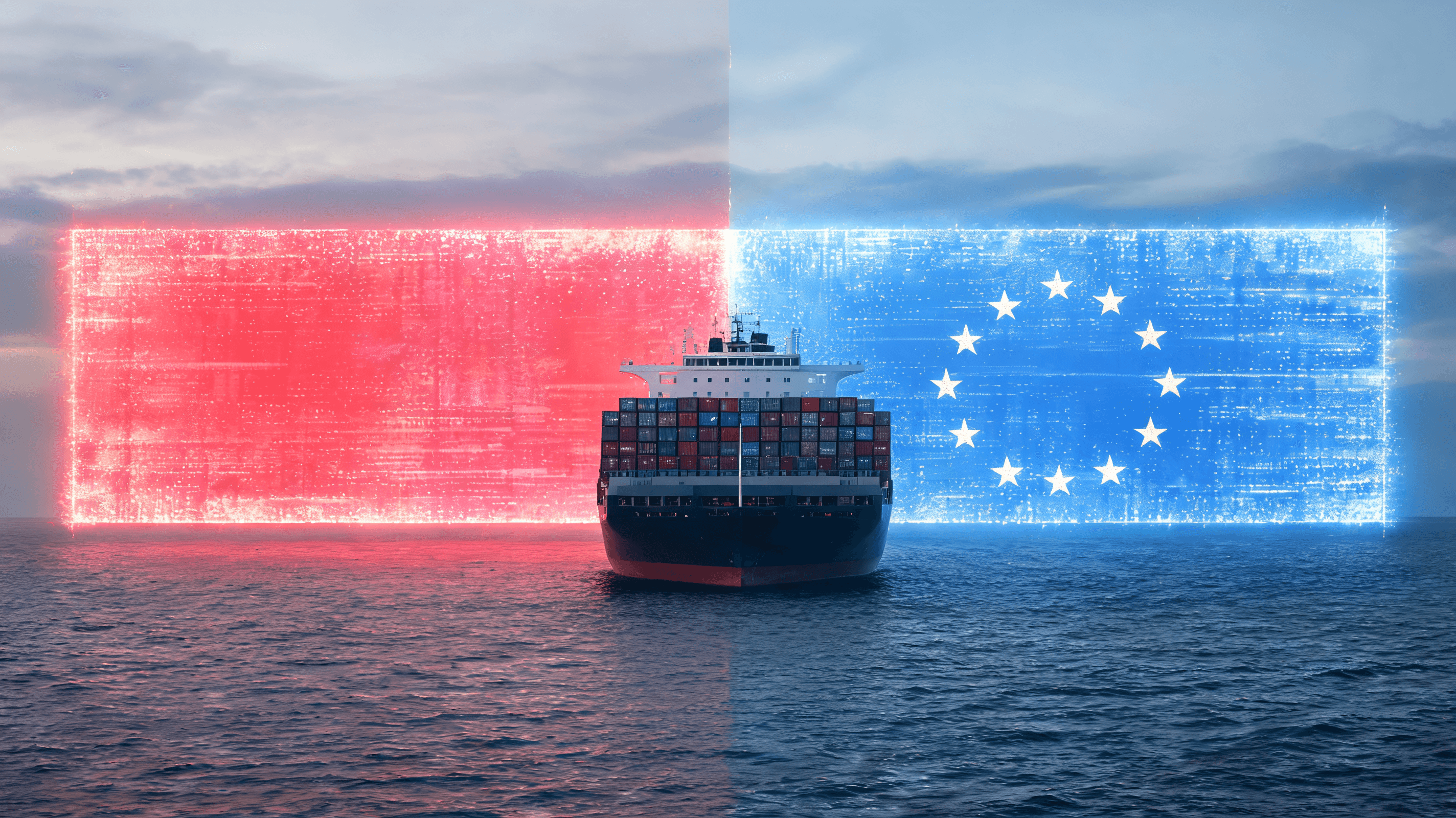 A conceptual photo of a cargo ship being blocked by a digital wall of red and blue light, representi