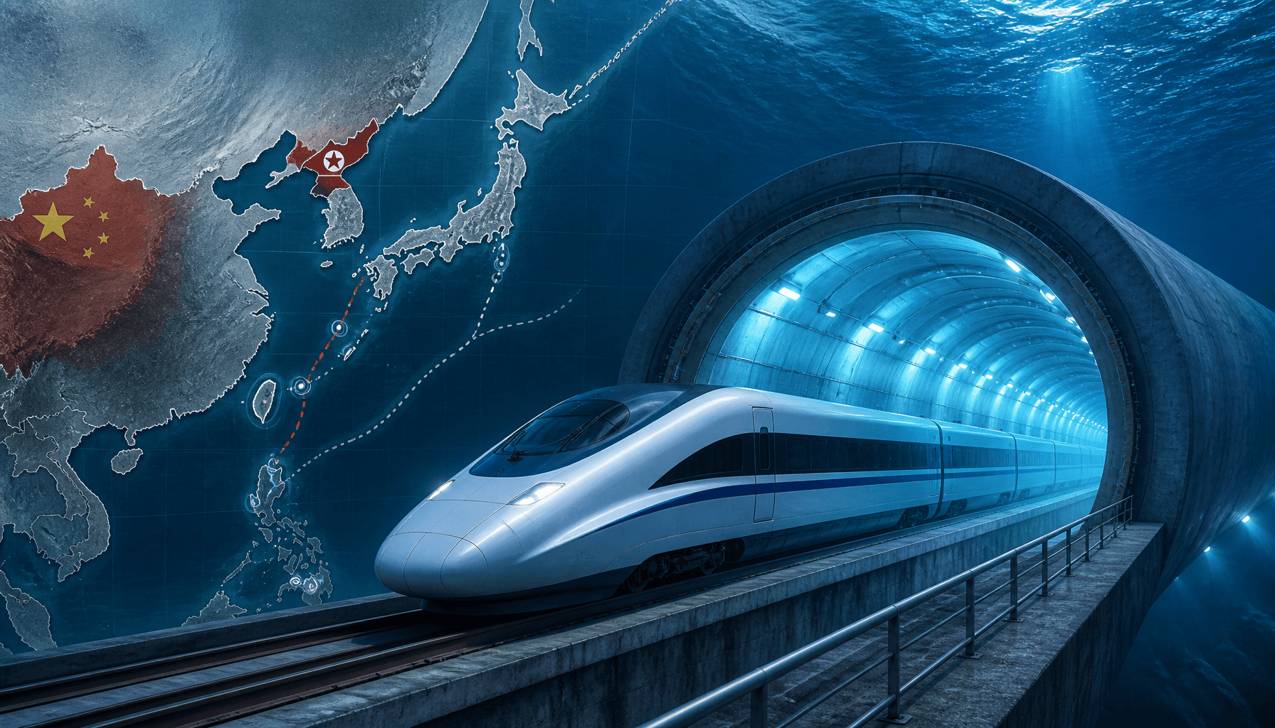 A high-speed train entering an underwater tunnel, glowing blue tunnel walls, dramatic engineering pe