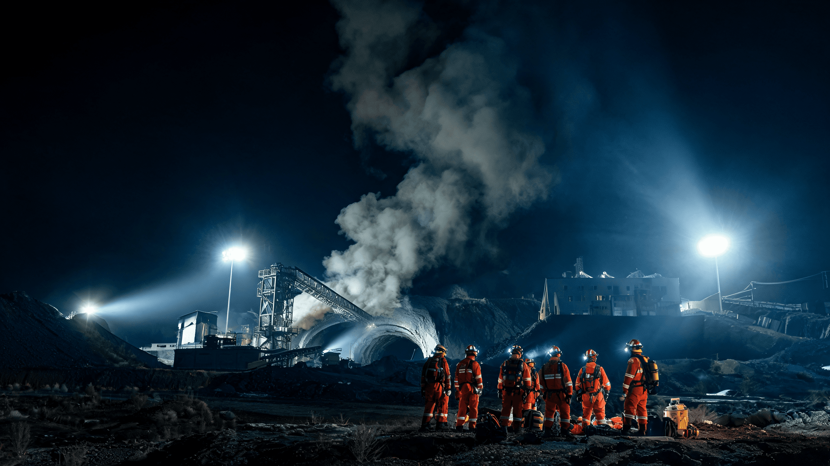 Emergency responders at a coal mine site in Shanxi, smoke billowing in the background, night-time re