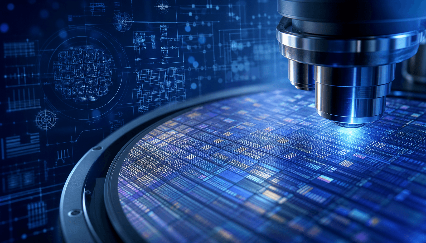 A macro shot of a complex silicon wafer under blue light, with abstract technical schematics floatin