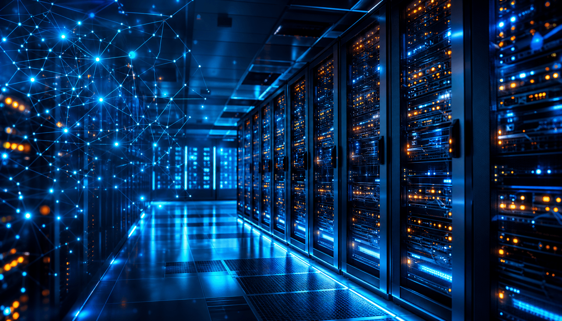 A modern, high-tech server room with glowing blue and orange lights, blending digital neural network