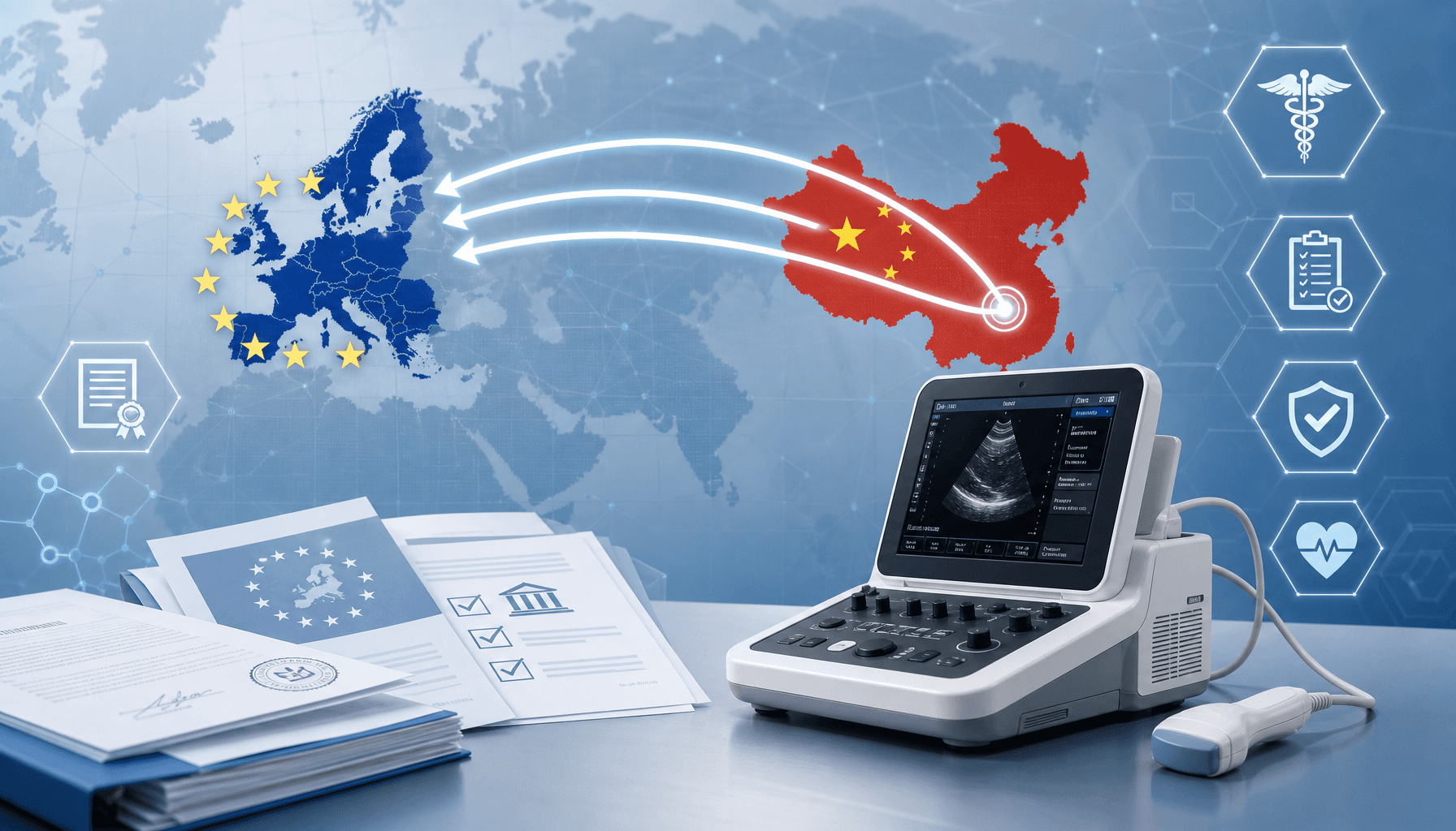 A conceptual image showing a medical device on a global map, with arrows pointing from China to Euro