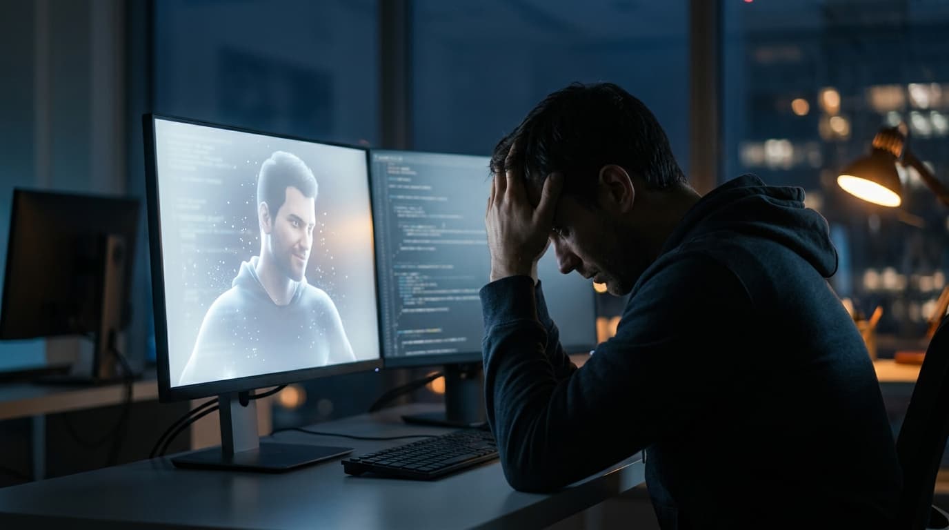 A silhouette of a frustrated software engineer in a dark office, looking at a computer screen that d