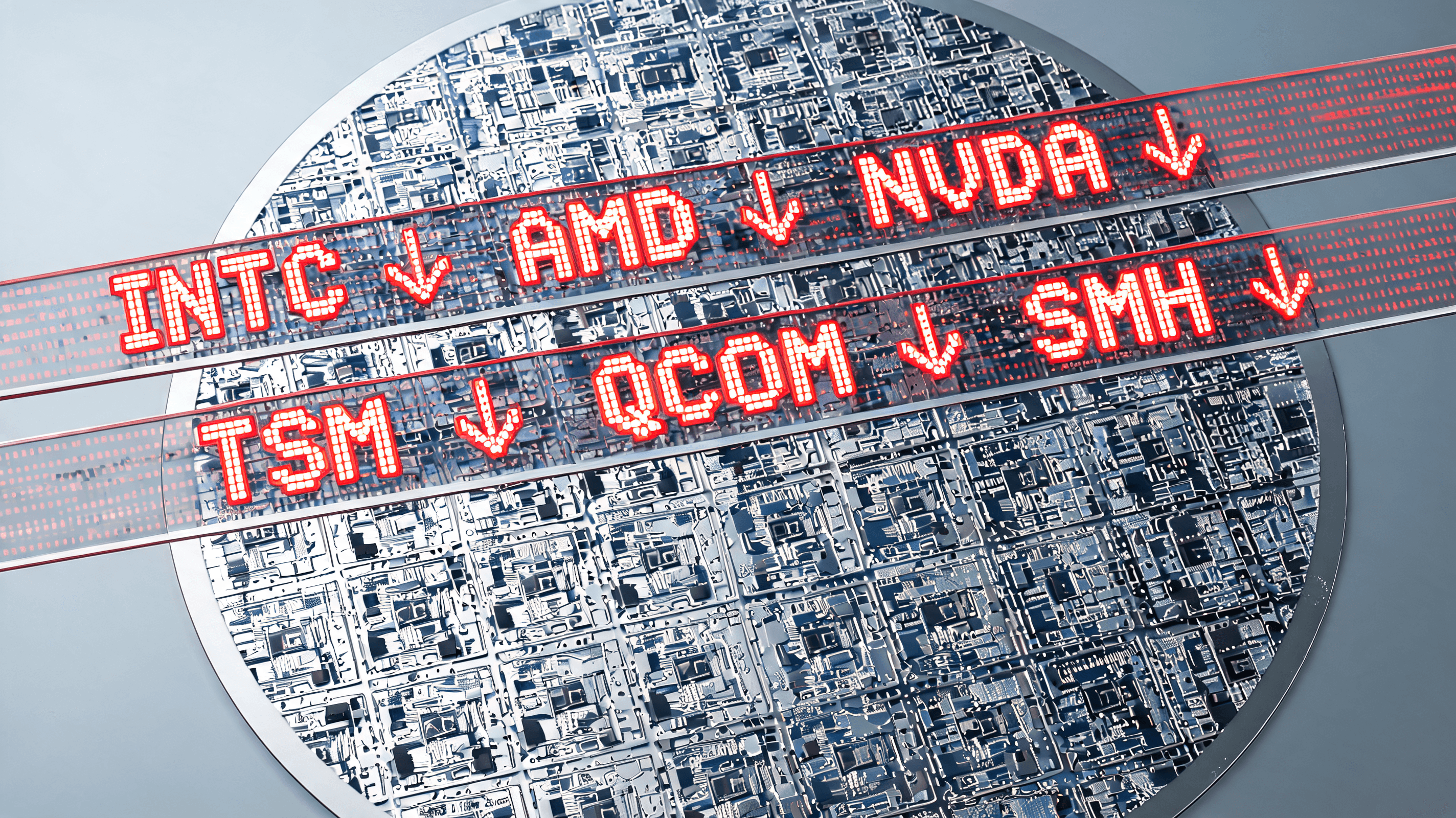 A digital stock market ticker display showing red downward trends over a stylized semiconductor chip