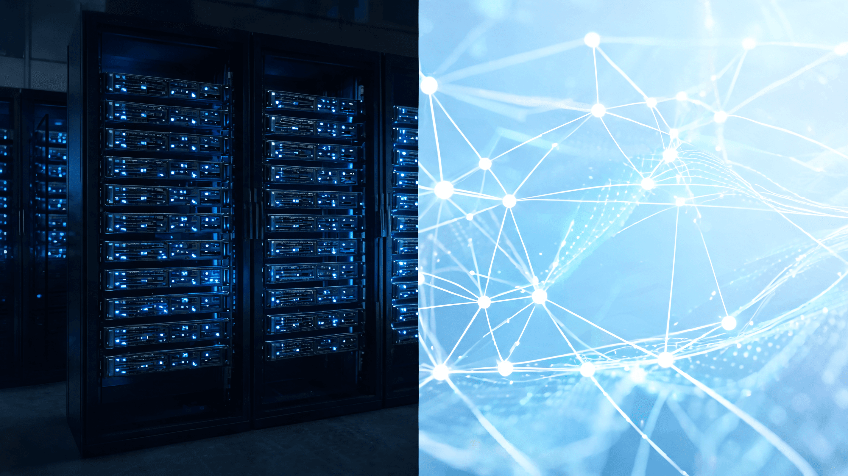 A split composition: one side showing a modern office data center rack with blue light, the other si