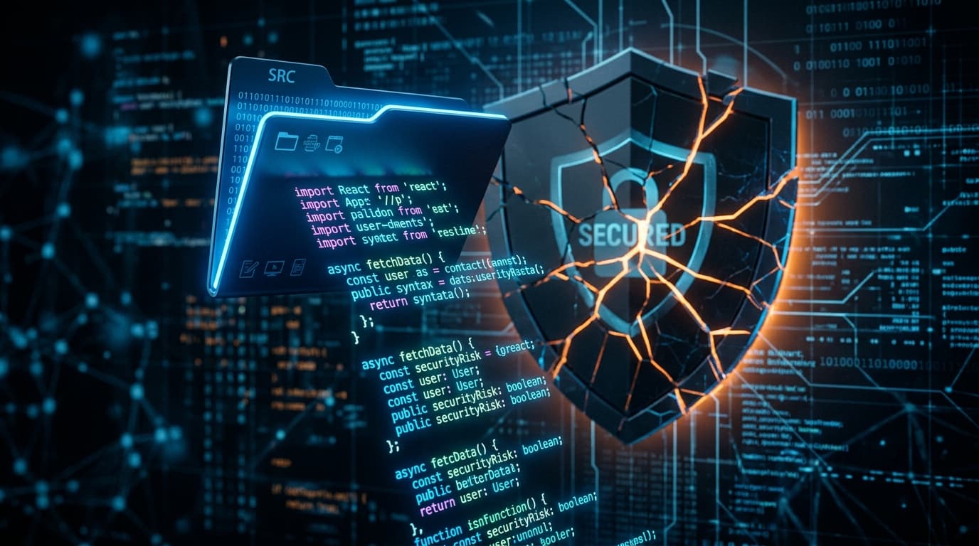 A conceptual, abstract representation of source code being spilled out of a digital folder, glowing
