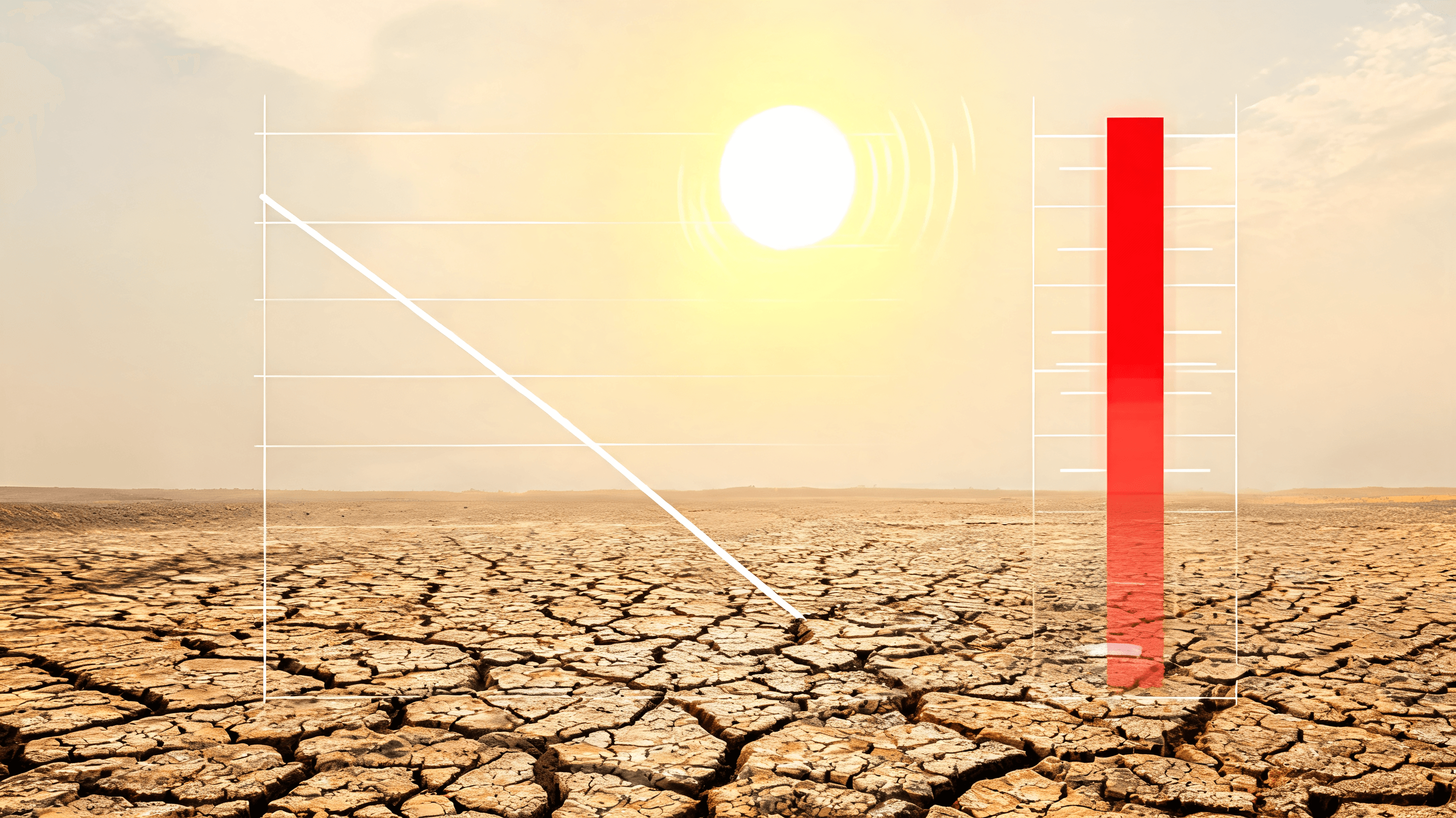A photo of a cracked, dried-up earth surface under a scorching sun. Superimposed over the scene is a