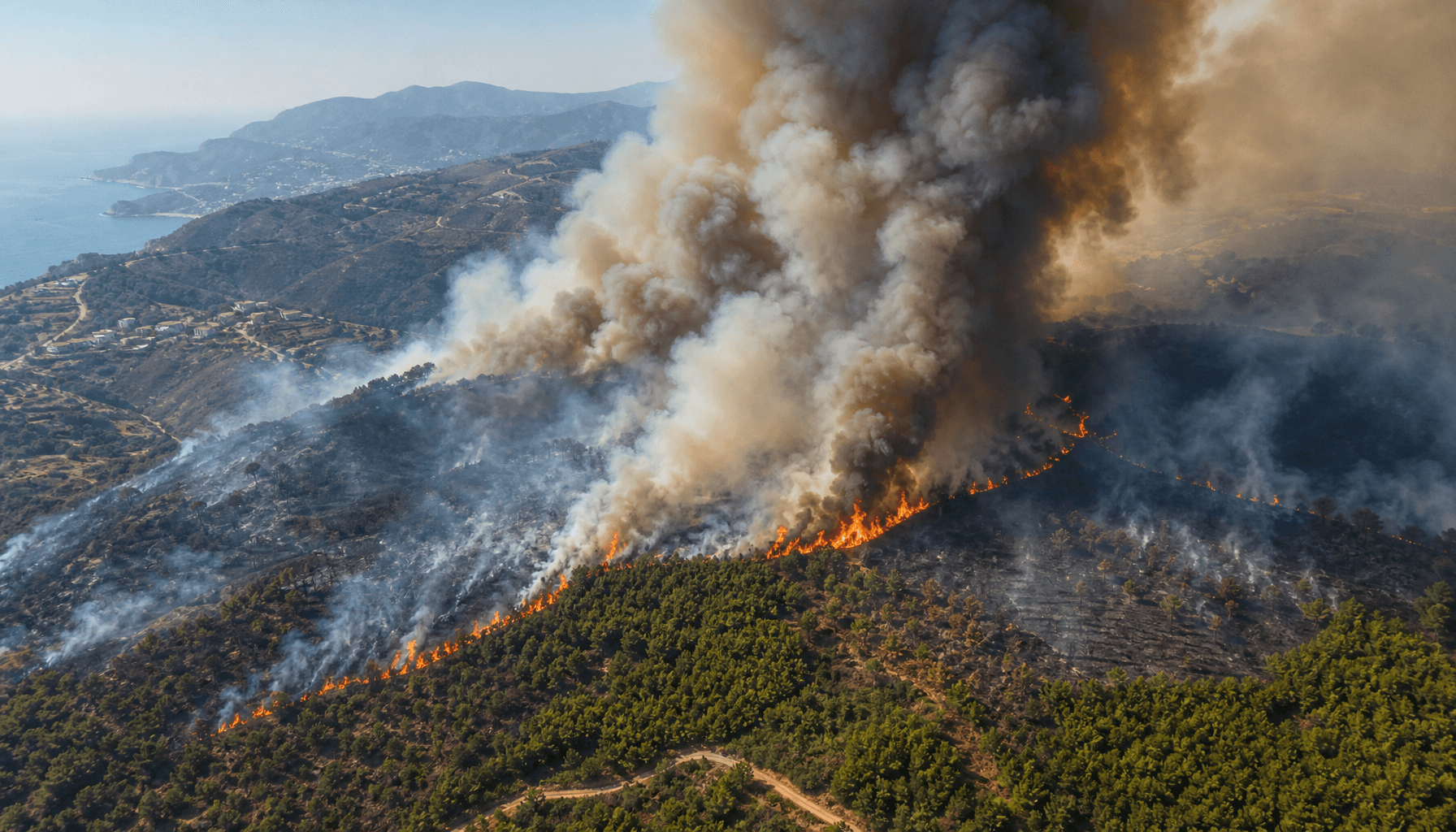 An aerial view of a forest fire in Southern Europe, with thick smoke plumes rising and fire lines vi