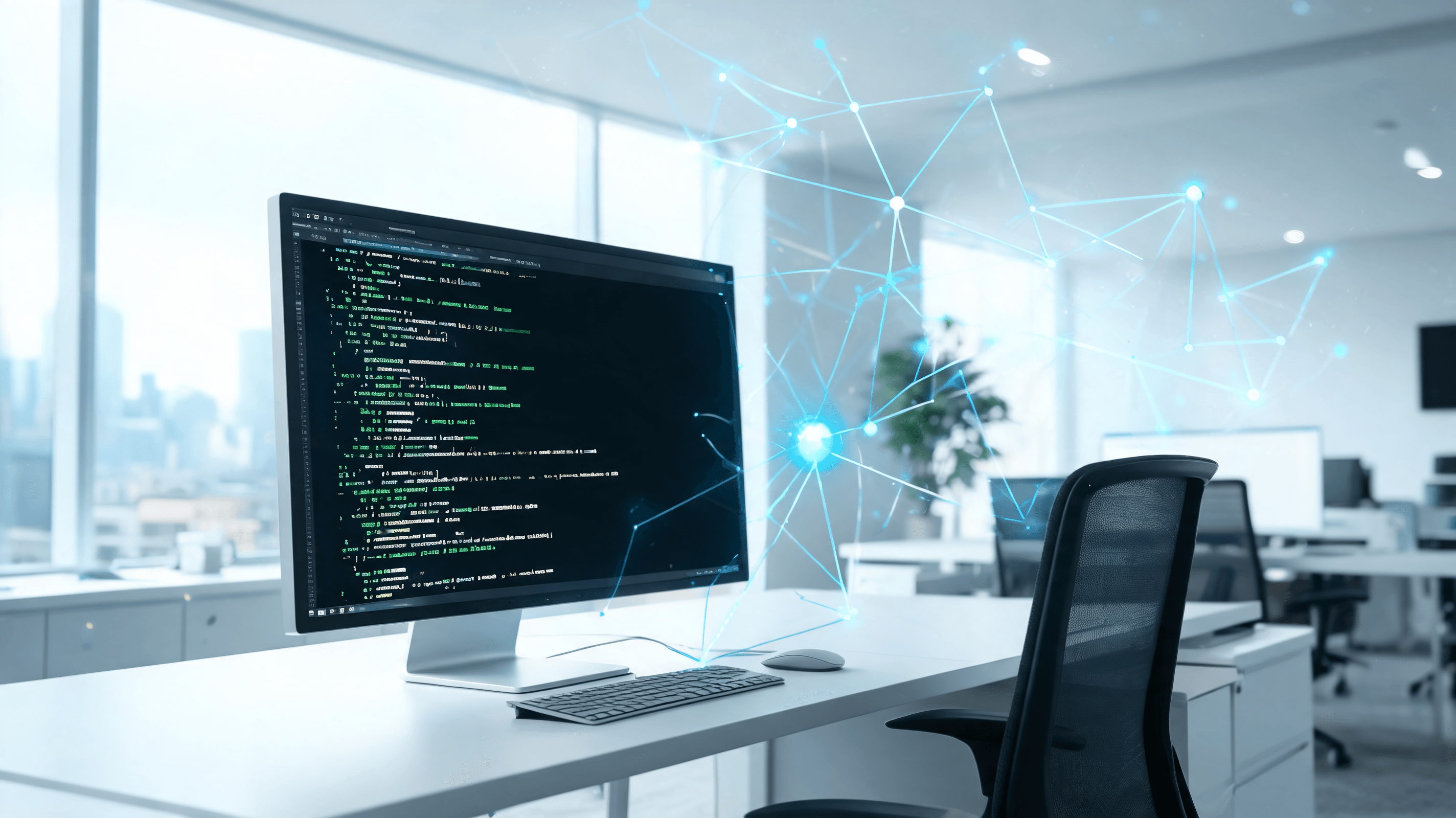 A modern, minimalist office environment with a large screen displaying complex code, abstract networ