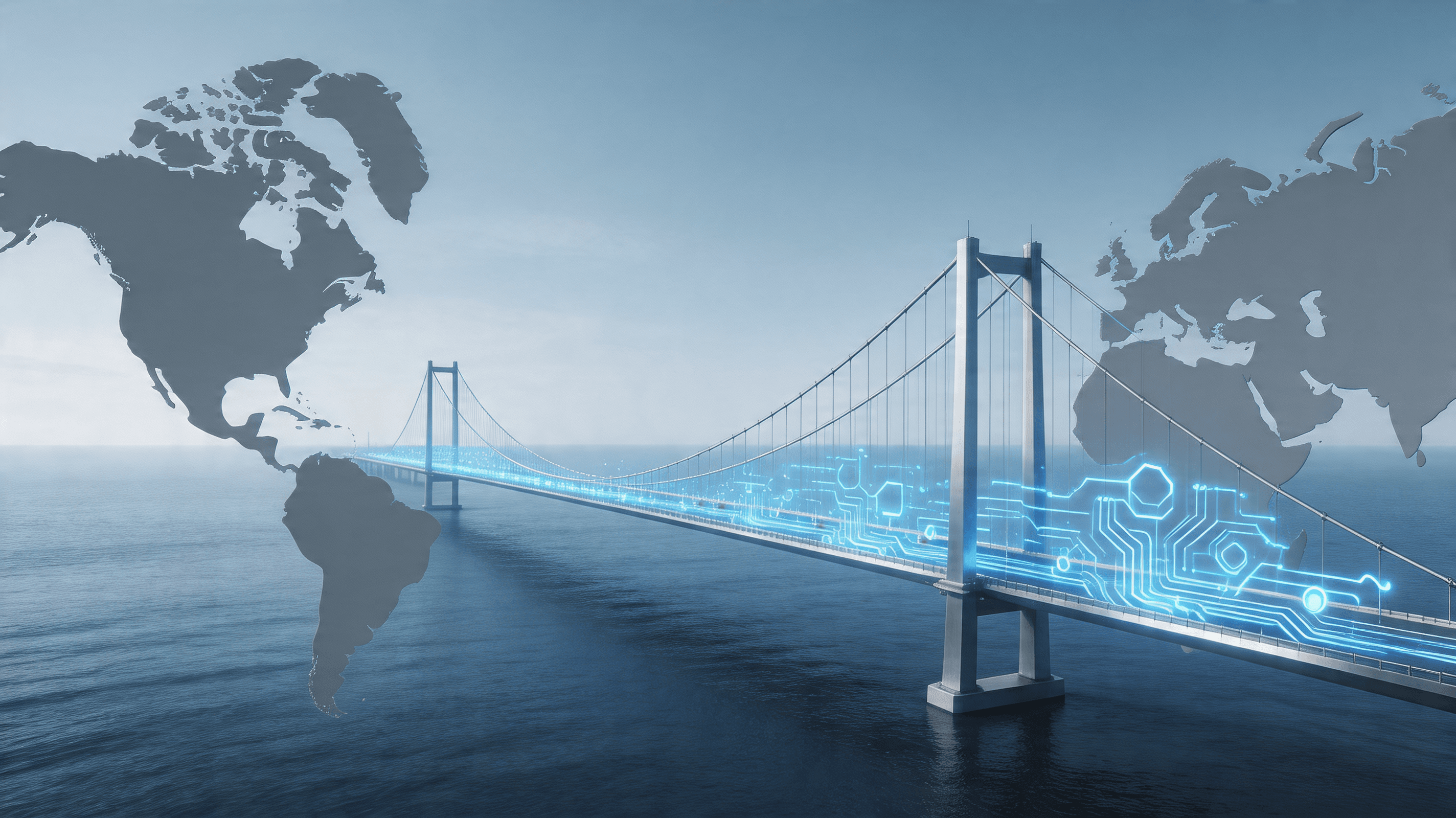 An abstract, professional visualization of a bridge connecting North America and Europe, with styliz