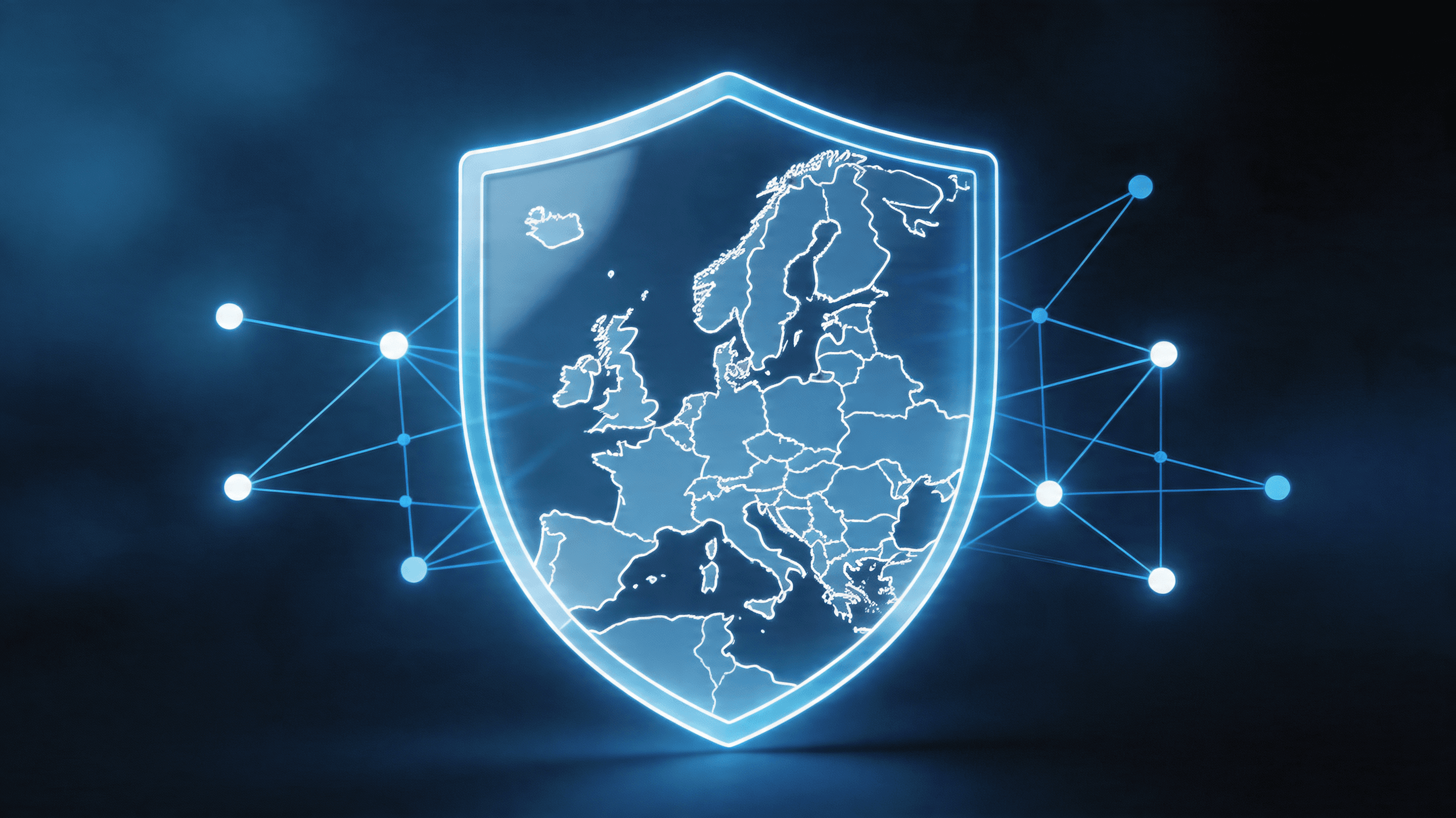 A modern, professional graphic of a digital shield protecting a stylized European map, with data con