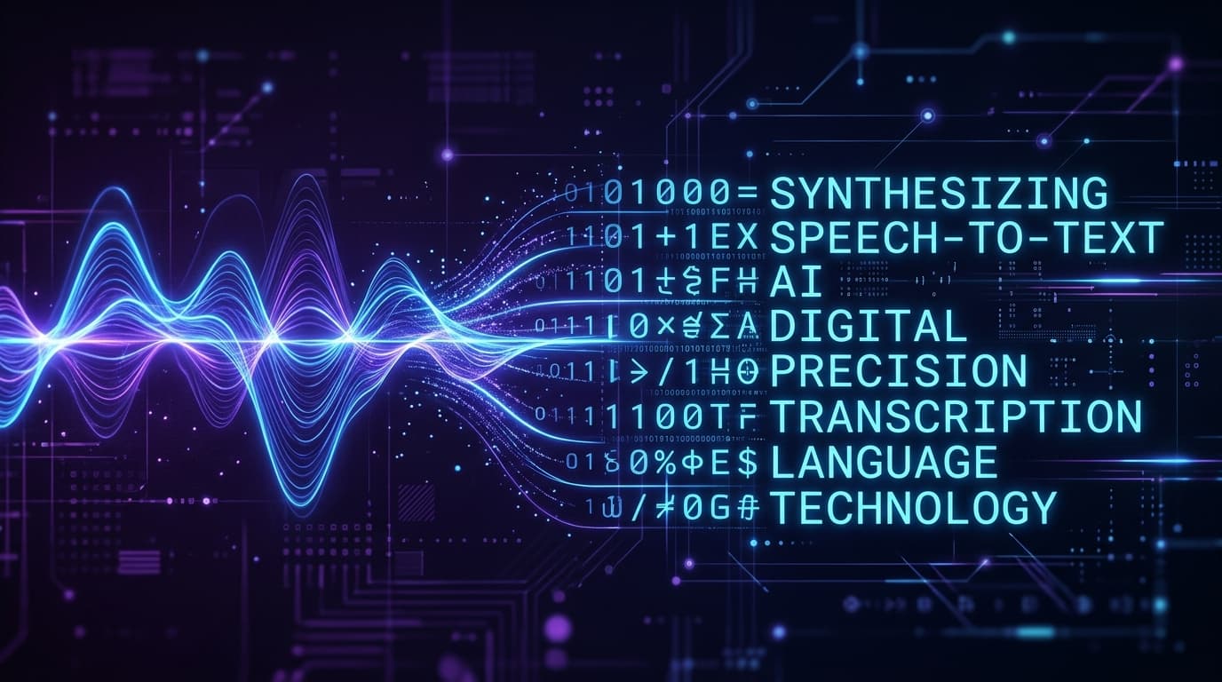 Abstract representation of sound waves turning into precise digital text, neon blue and deep violet