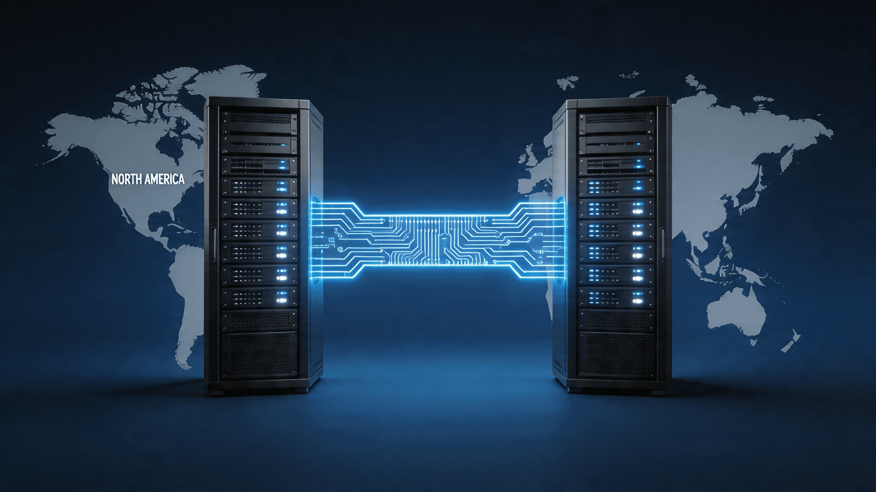 A digital map concept showing a bridge connecting a sleek, stylized server rack in North America and