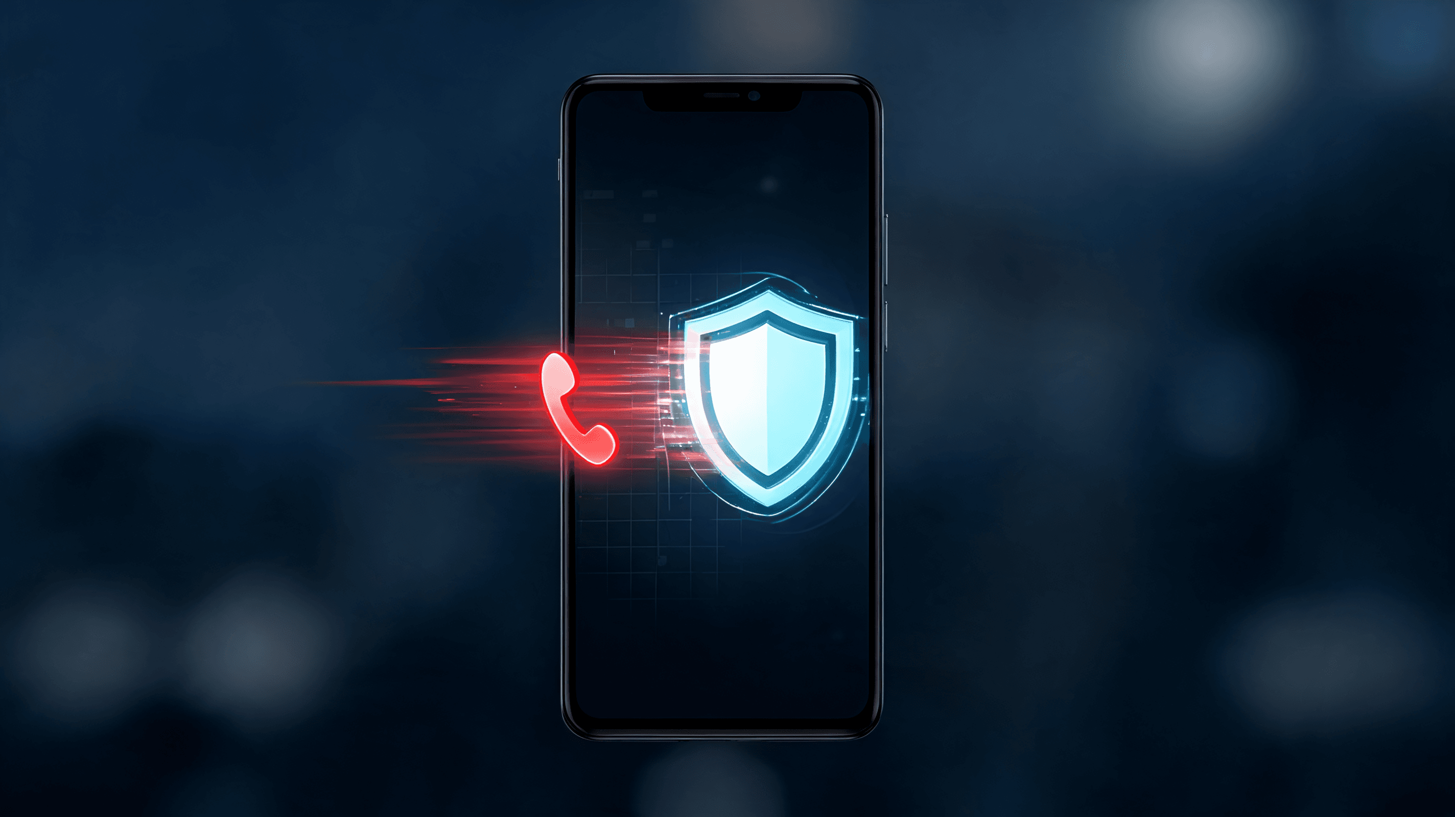 A modern smartphone display glowing with a digital security shield icon, blocking a red incoming cal