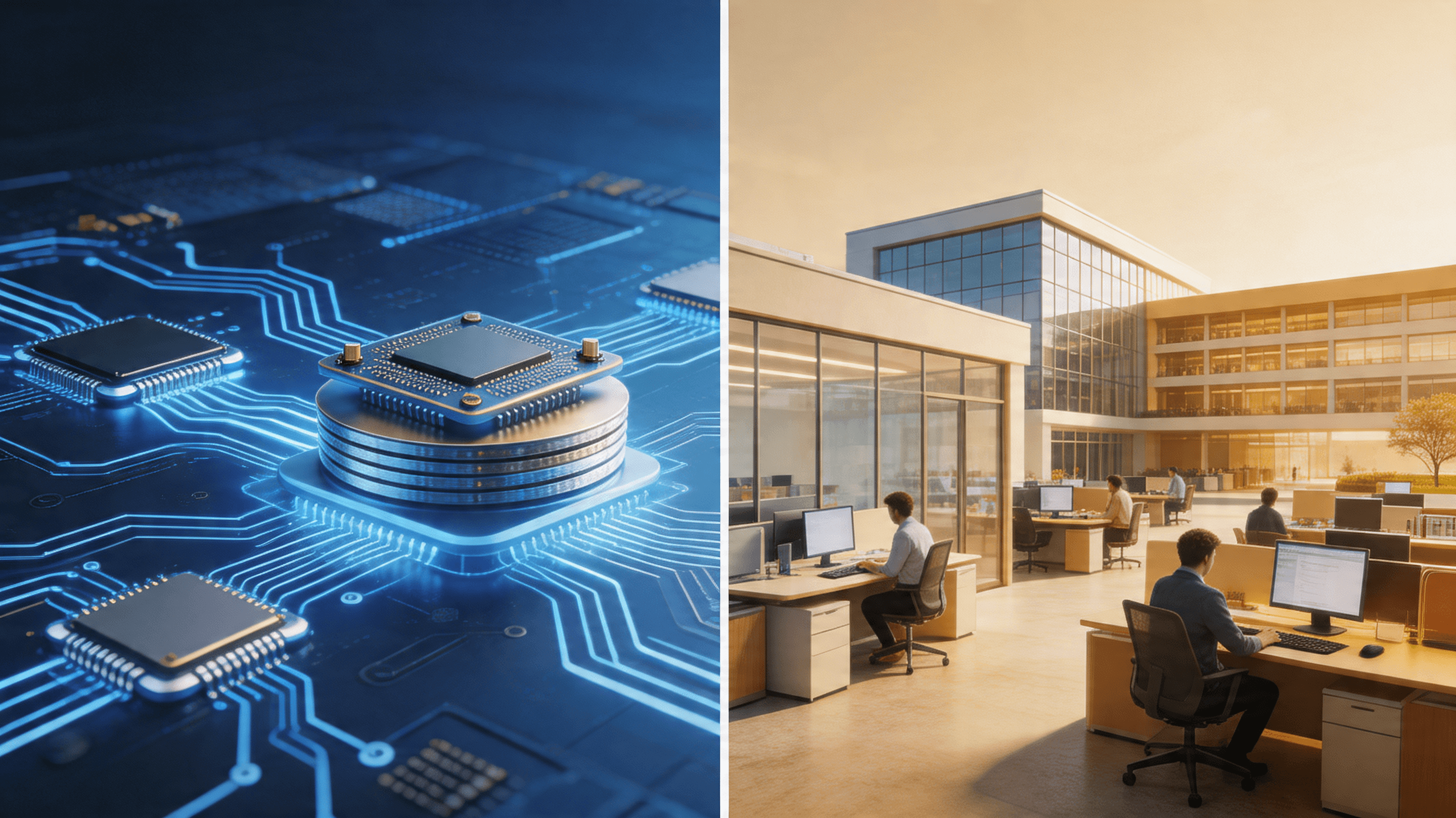 An artistic split-screen graphic: the left side featuring microchips and digital circuitry (represen
