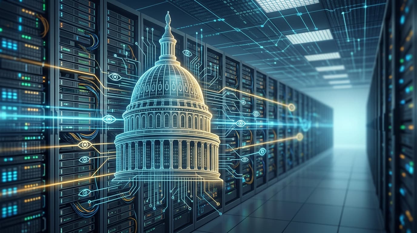 An abstract conceptual image of a massive digital server network combined with a stylized depiction