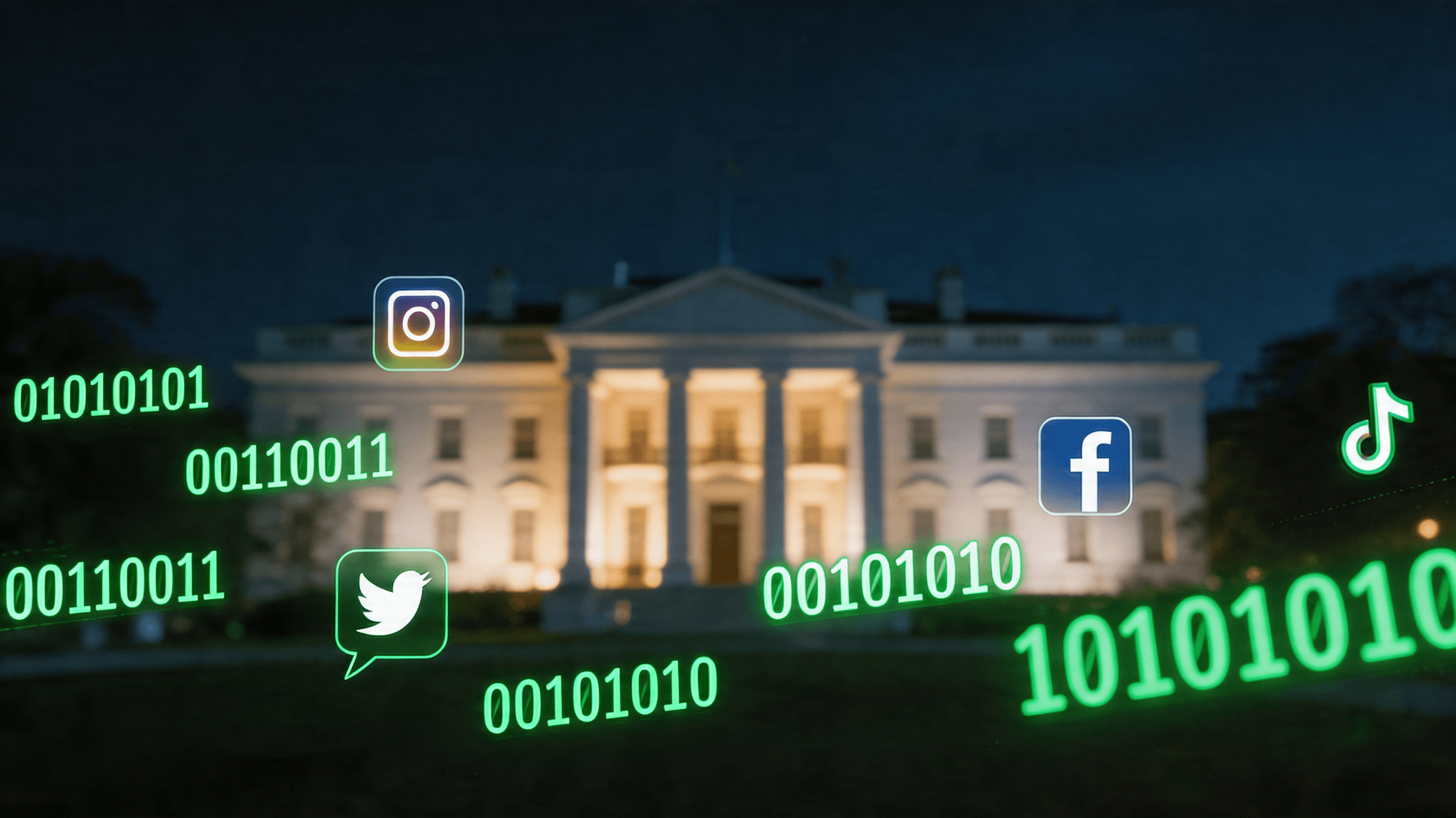 A dramatic news-style composition showing a blurred silhouette of the White House in the background