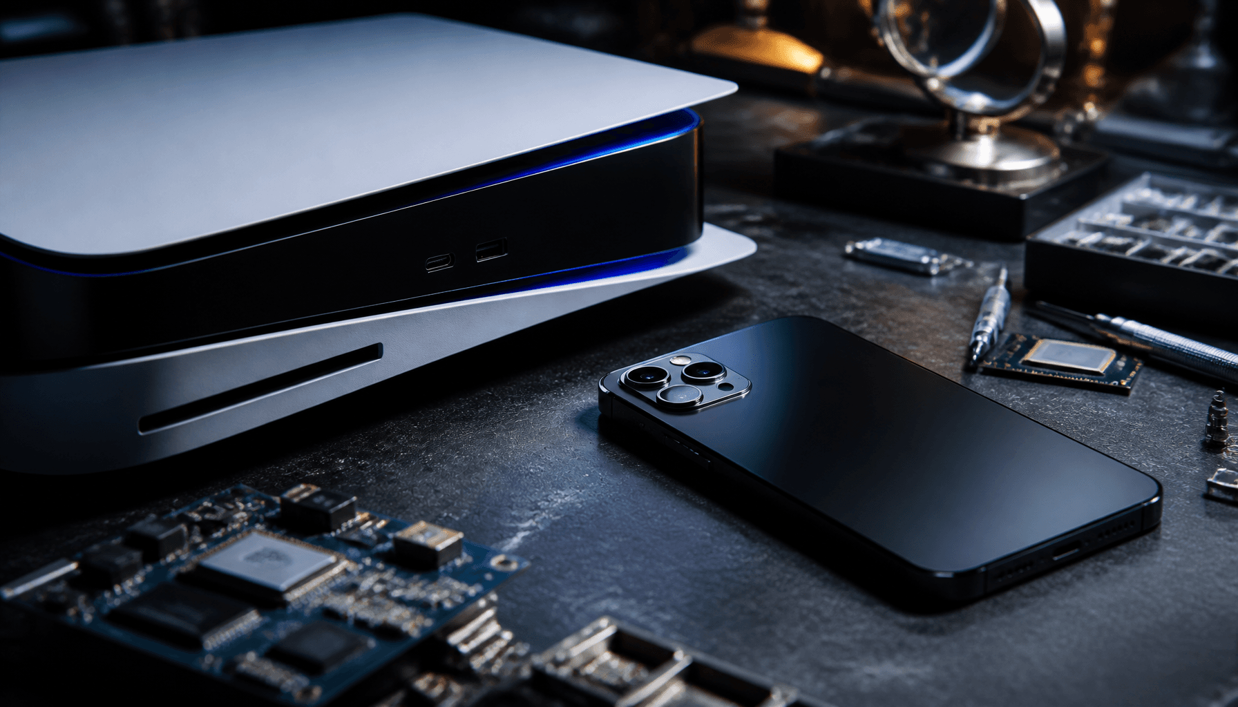 A close-up of a modern gaming console and a sleek smartphone on a workbench with electronic componen