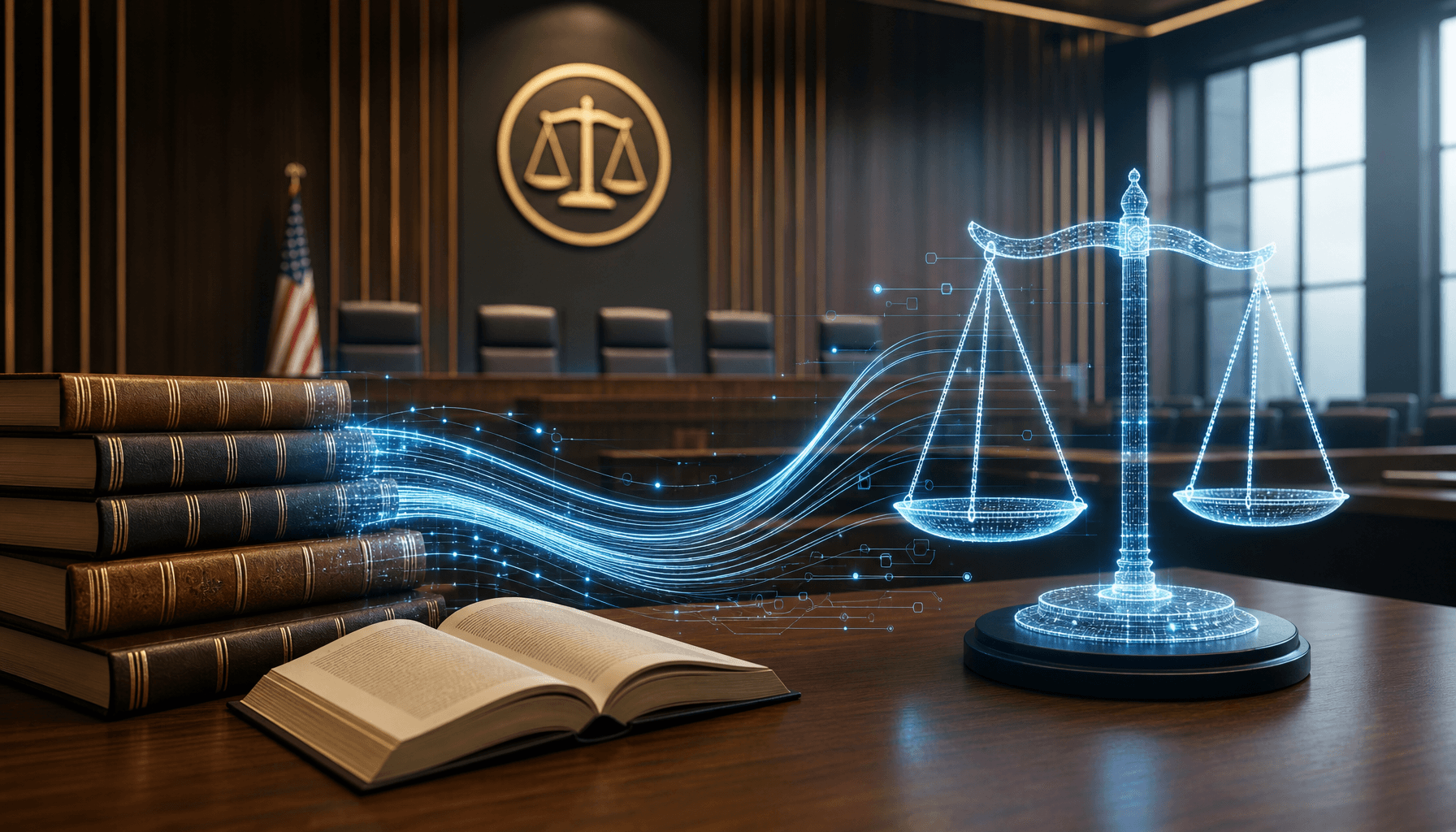 A modern courtroom interior with digital scales of justice, glowing lines representing data streams