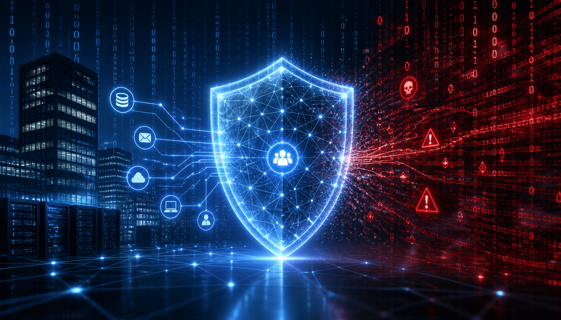 A high-tech digital shield protecting a corporate network from binary rain and malicious red code, w