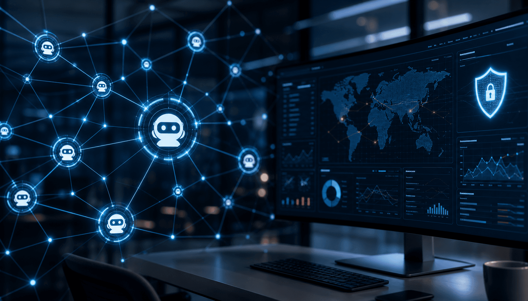 Abstract digital network with glowing nodes representing AI agents, cybersecurity dashboard interfac